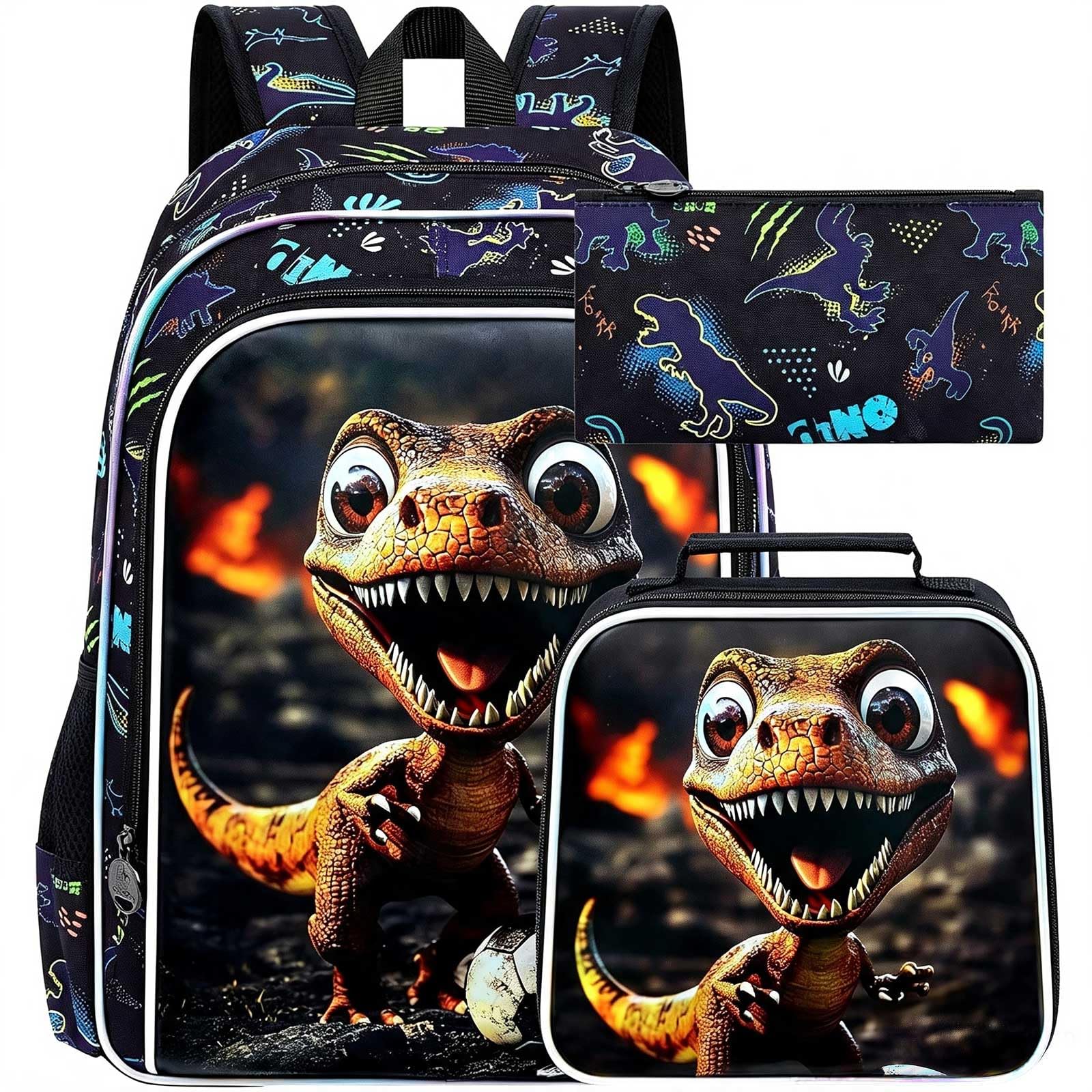 16" Dinosaur Backpack for Boy, 3Pcs Soccer Bookbag for Elementary Preschool Kindergarten, Kids School Backpacks with Lunch Box (Black)