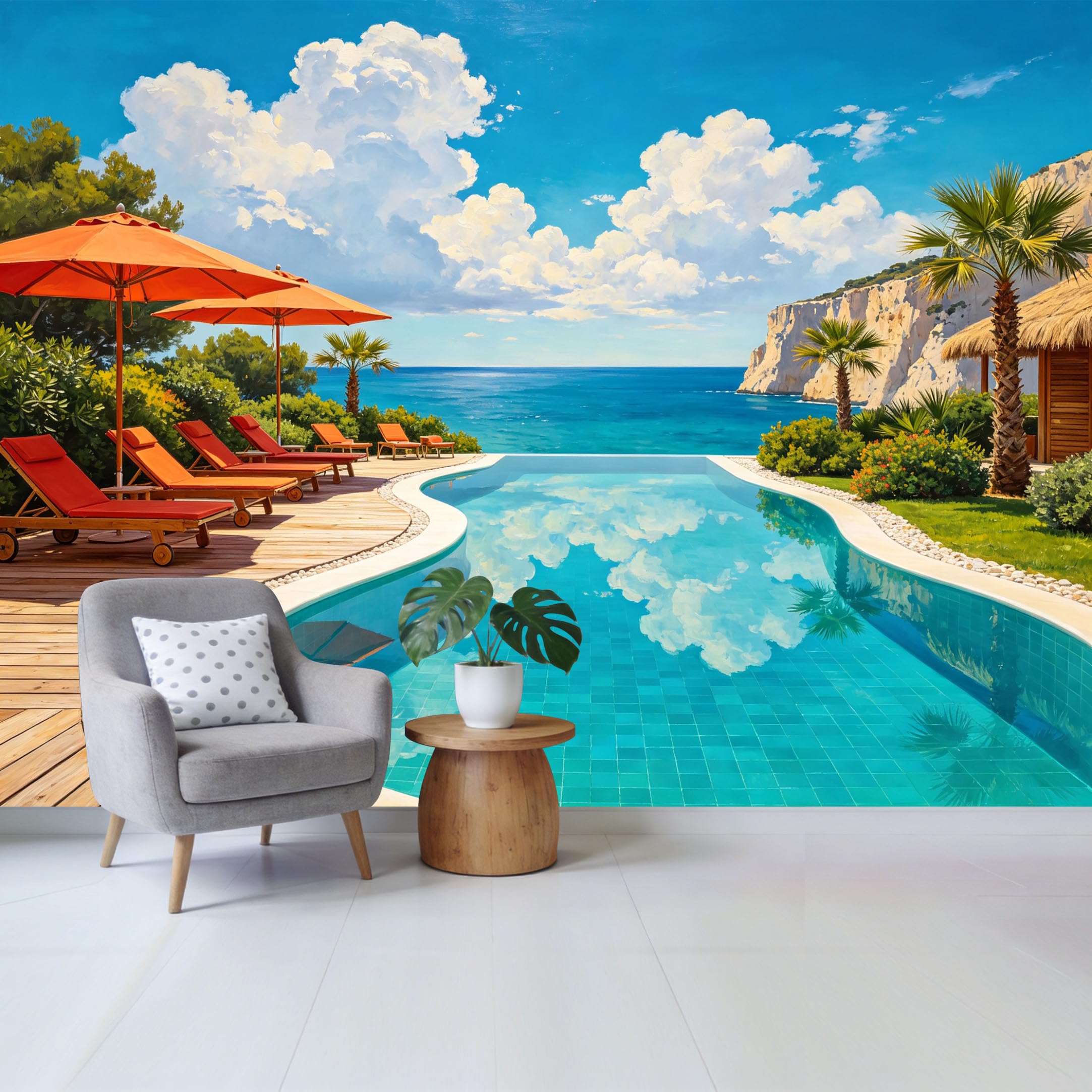Custom Size Wall Mural Coastal Ocean View Infinity Pool with Palm Trees and Cliff Landscape Removable Self Adhesive Fabric， Home Wall Decor for Living Room Bedroom Bathroom