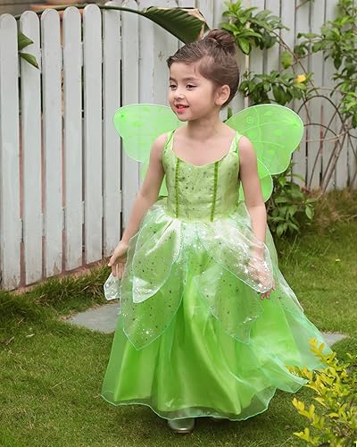 Miniatura 6 de Disfraz de princesa Tinker Bell para niñas pequeñas vestido de hadas para fiesta de cumpleaños vestido para ocasiones especiales con alas verde