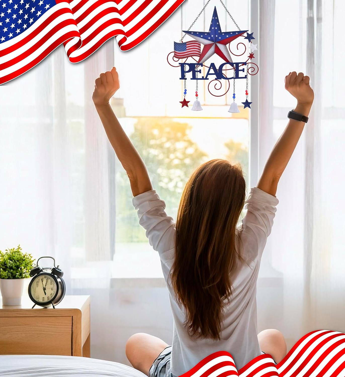 CoTa Global USA Flag Peace Wind Chime - American Flag Patriotic Indoor or Outdoor Windchime Home Decor with Hanging Bells, Handcrafted Glass and Metal Wind Chimes for Yard, Garden, Porch - 20 Inches