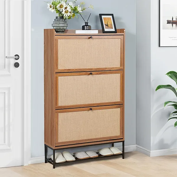 LEVNARY Shoe Storage Cabinet with 3 Flip Drawers, Freestanding Shoe Cabinet Storage Organizer for Entryway, Wooden Narrow Shoe Racks Cabinet with Metal Legs for Hallway (Walnut)