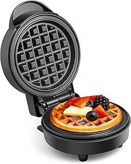 VonShef Mini Waffle Maker – Waffle Iron 600W with 12.5cm Non Stick Plates, Single Belgian & American Waffle Machine, Keto Chaffle Maker, Snacks & Desserts, Compact, Power/Ready Indicator Light – Black