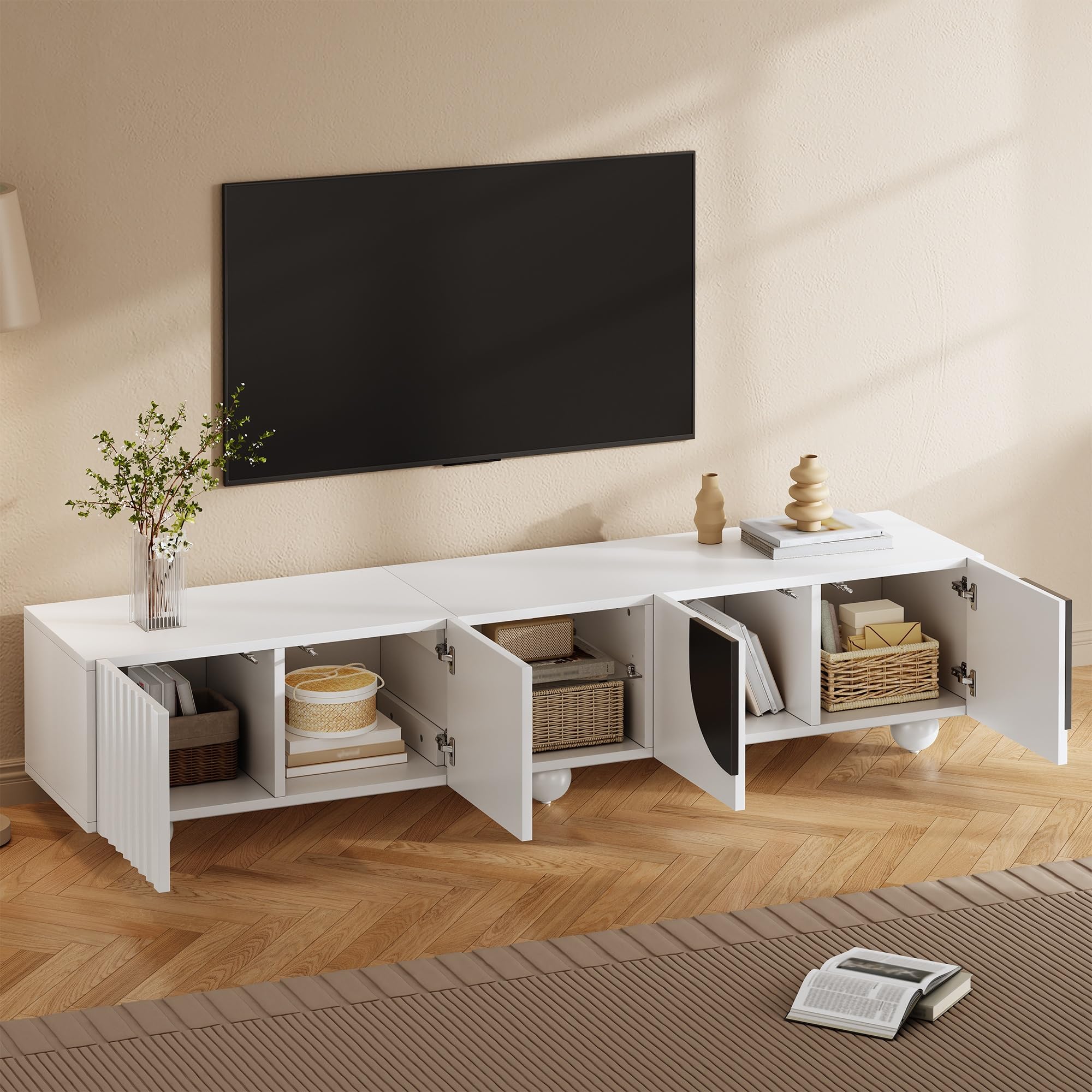 Nowoczesna szafka pod telewizor, 180 x 40 x 41,5 cm, biała, płyta MDF i płyta wiórowa, Push-to-Open, minimalistyczny design