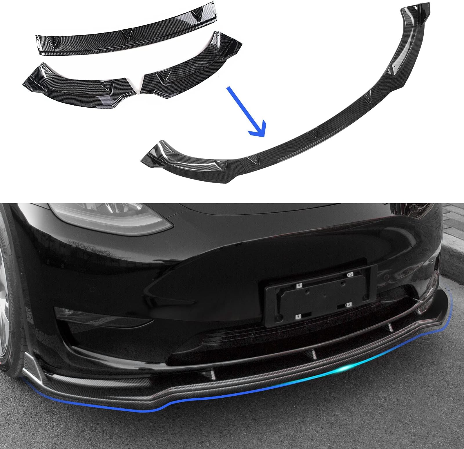 powoq Front Lip Compatible with Tesla Model Y Front Bumper Lip Spoiler Wing Front Splitter Side Body Kit Trim Protection Replacement for 2020 2021 2022 2023 Model Y Accessories (Glossy Carbon Fiber)