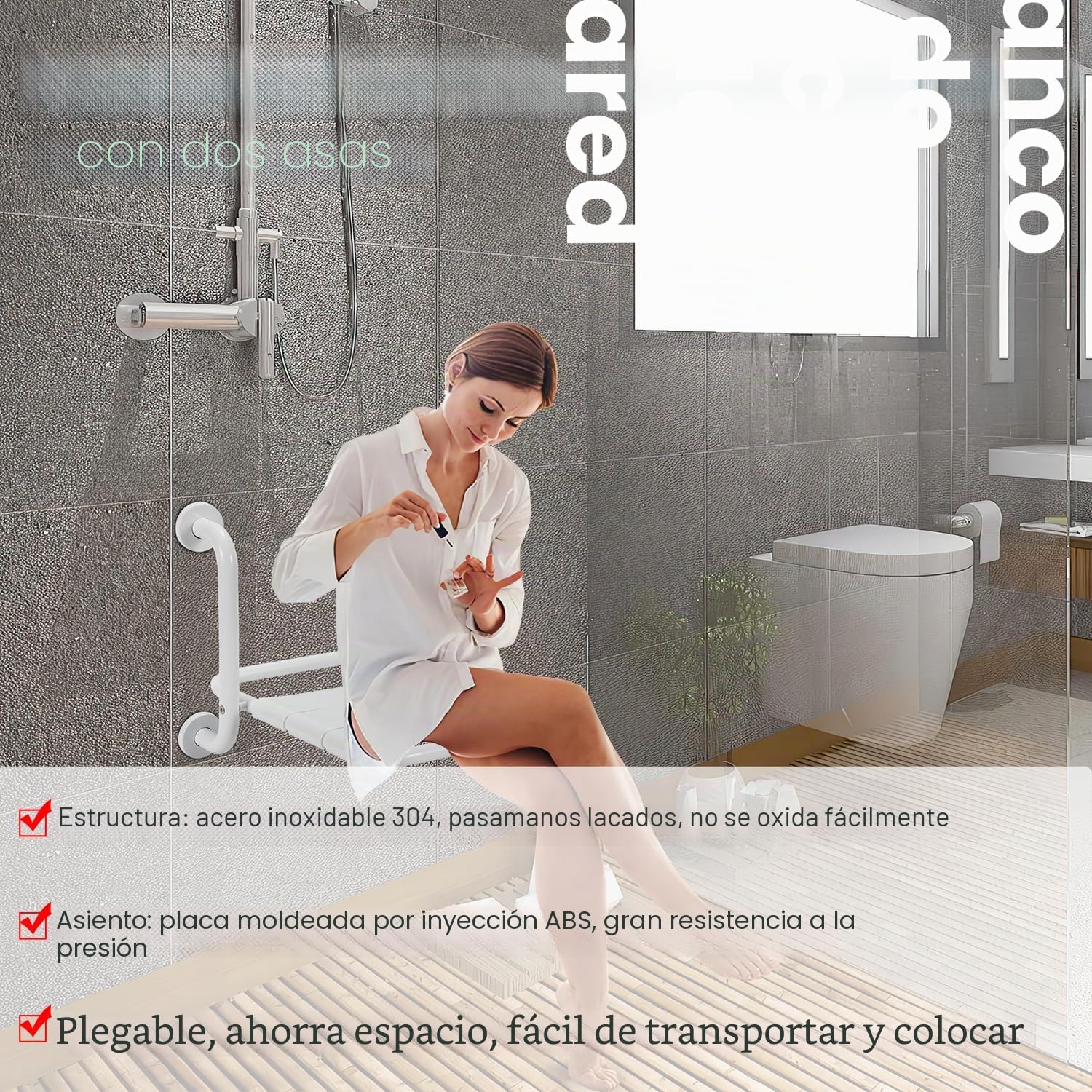 Asiento de ducha plegable de pared con reposabrazos, asiento plegable de 120 kg, taburete de ducha plegable de pared, silla de ducha para personas mayores, color blanco