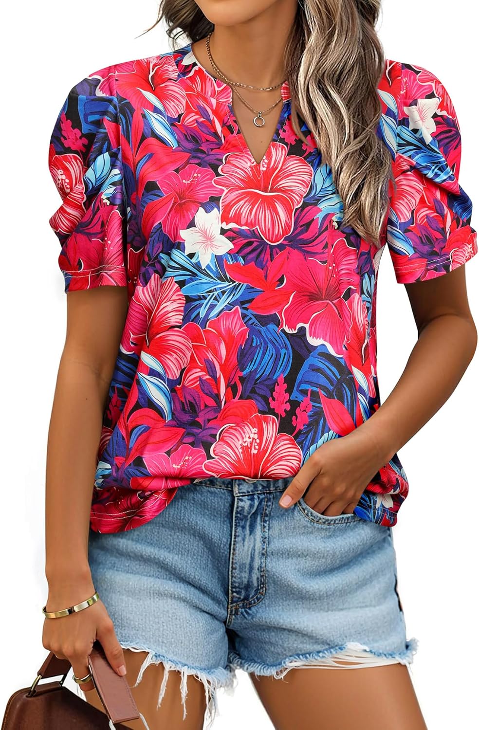 Ezcosplay Women Puff Sleeve Tops Floral Hawaiian Shirt Notched V Neck T-Shirt Casual Tropical Outfits