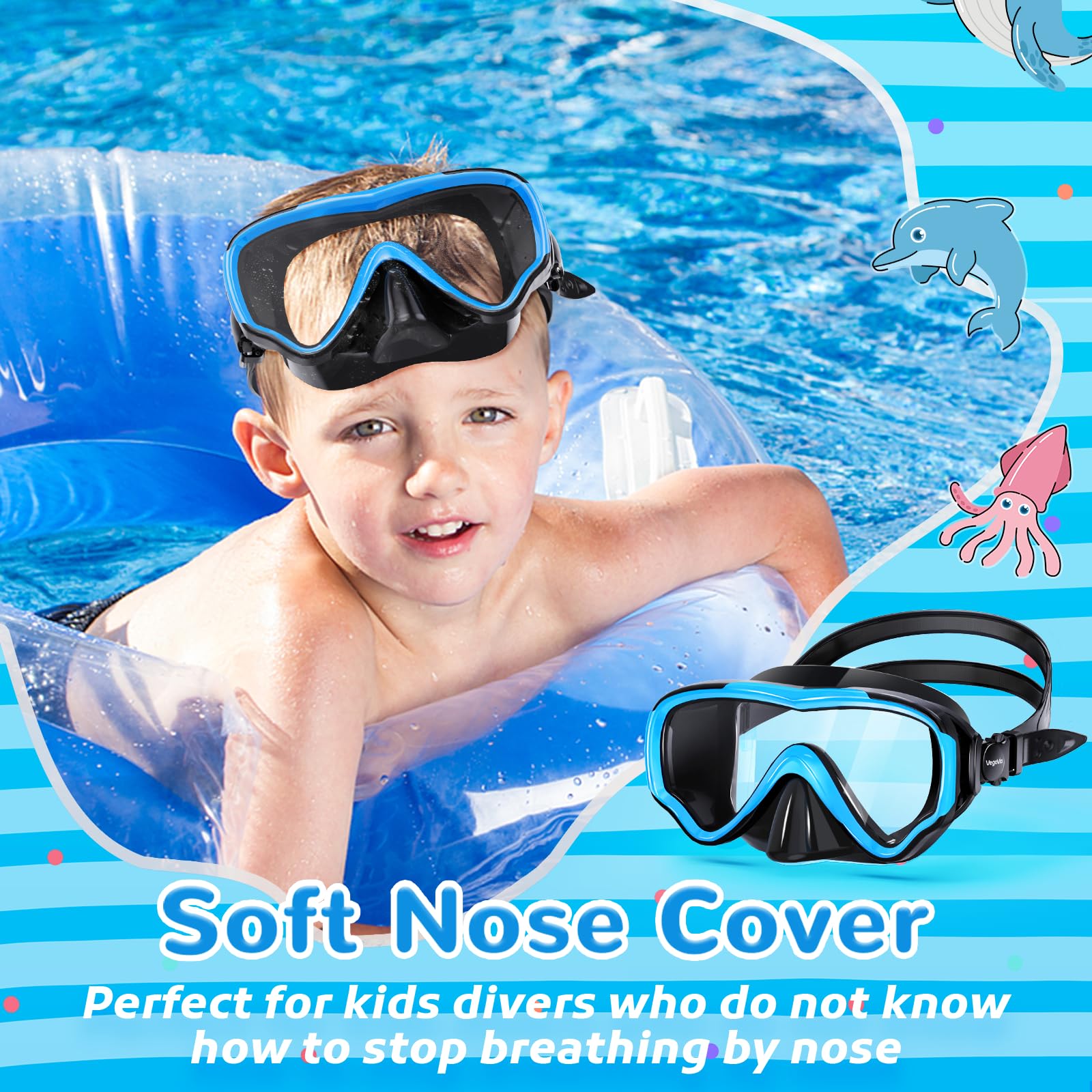 VegoVia Gafas de natación para niños con cubierta de nariz, antivaho, visión amplia, máscara de natación transparente para niños de 3 a 15 años, antiroturas, sin fugas