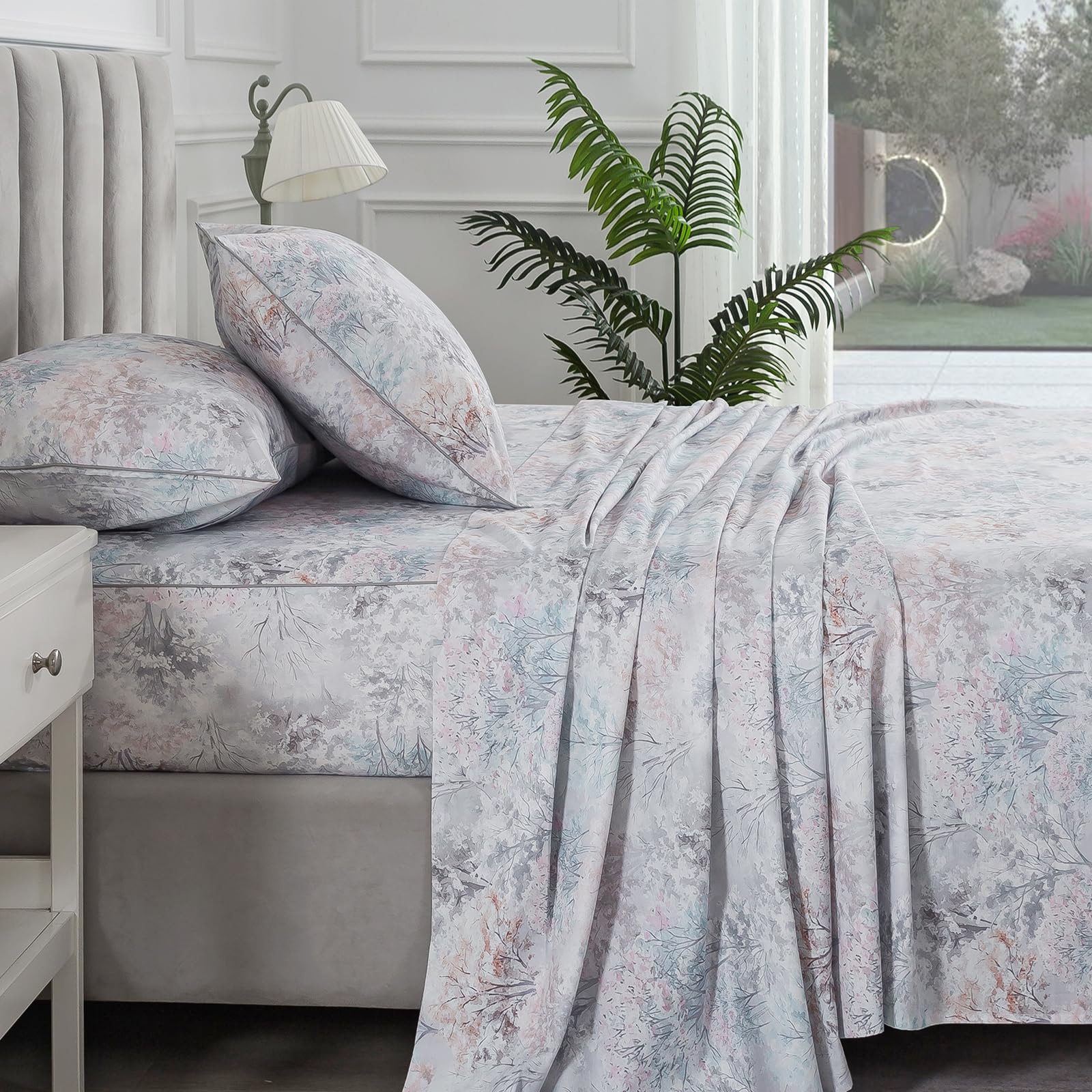 Shabby Tree Patterned Chic Percale Sheets Queen, 100% Cotton Toile Vintage Sheet Set, Forest Printed Aesthetic Designer Bed Sheets, Chinese Style Cottagecore Bedding, Grey Pink Blue, 4Pcs