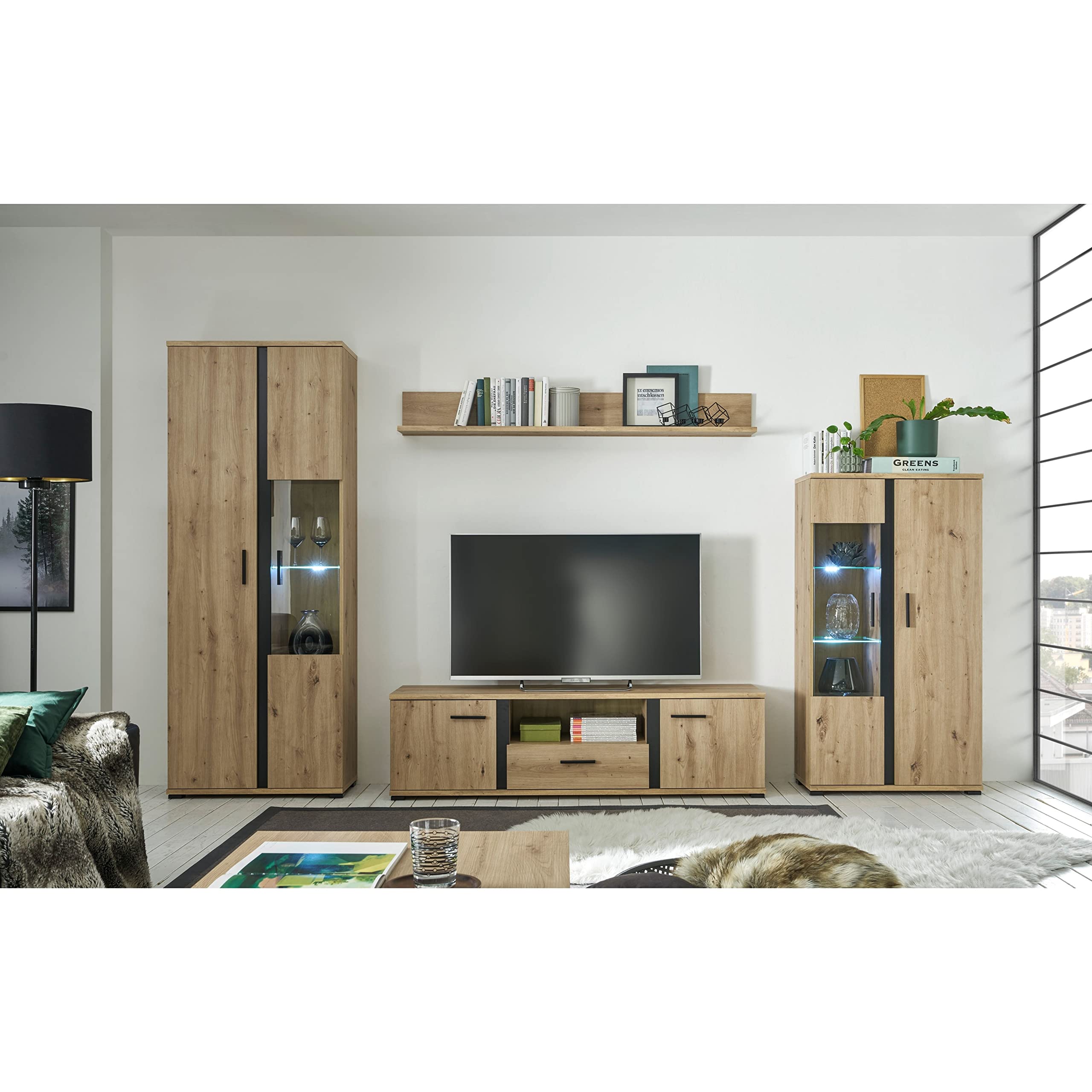 KANADA Wohnwand Komplett-Set in Artisan Eiche Optik, Schwarz - Moderne Schrankwand mit Beleuchtung für Ihr Wohnzimmer - 340 x 196 x 40 cm (B/H/T)