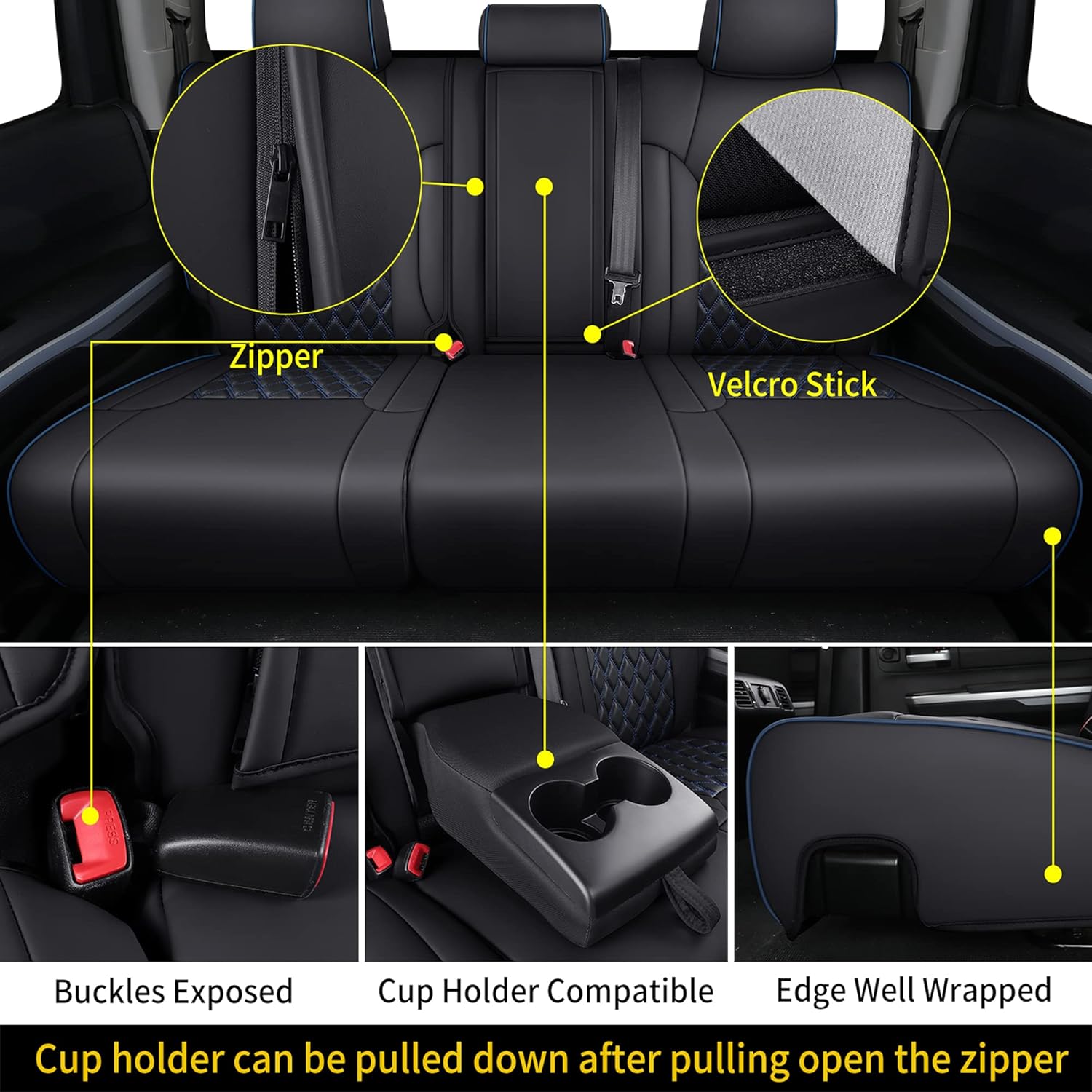 Huidasource Tundra Seat Covers, Front & Rear Leather Car Seat Cover, Waterproof Car Seat Cushion Protector Fit for 2014-2021 Toyota Tundra CrewMax Pickup Truck(Full Set/Black&Blue)