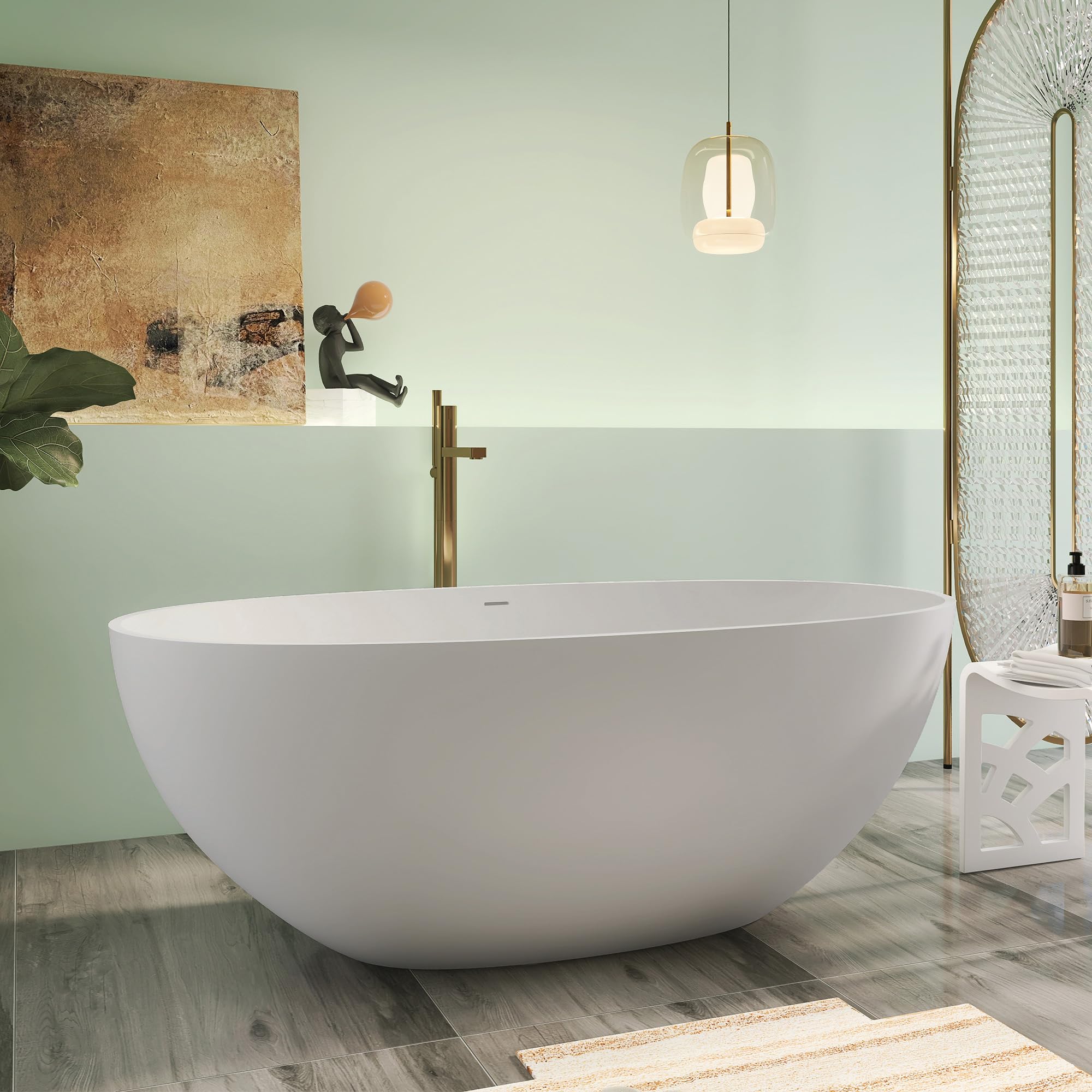 Vasca da bagno autoportante di alta qualità da 154,9 cm, in resina di pietra ovale grigia, con troppopieno e scarico pop-up