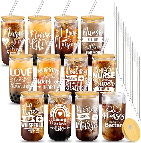 Miniatura 7 de Uiifan 12 vasos de vidrio con forma de lata de 16 onzas con tapas y pajilla, regalos divertidos de agradecimiento para la semana de las enfermeras,