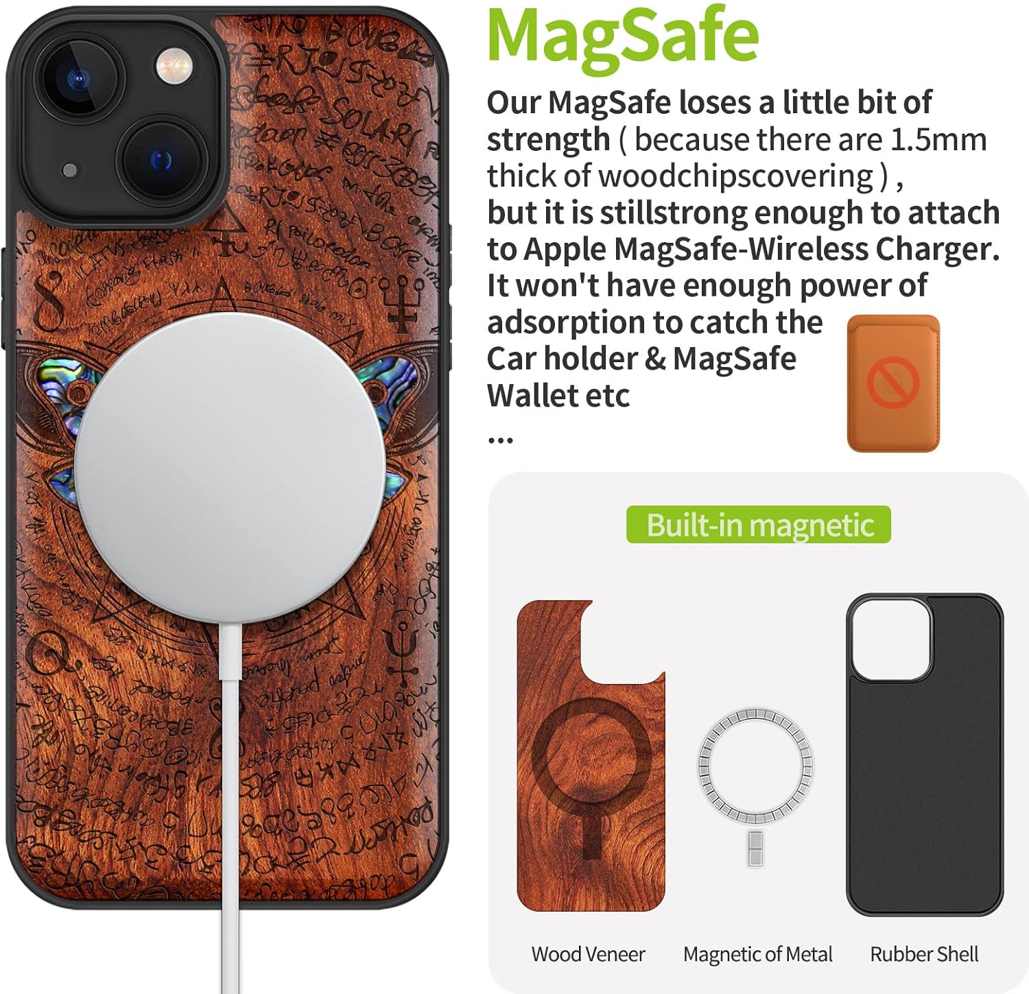 Carveit Designer Wooden Protective Case for iPhone 13 Magnetic Cover [Wood Engraving & Shell Inlay] Wood Phone Case Compatible with iPhone 13 MagSafe 6.1 Inch (Moth-Rosy)