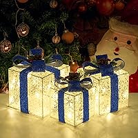 Vista 13 de Juego de 3 cajas de regalo iluminadas de Navidad, cajas de regalo de Navidad a pilas, LED blanco cálido con lazos para árbol de Navidad