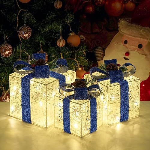 Miniatura 13 de Juego de 3 cajas de regalo iluminadas de Navidad, cajas de regalo de Navidad a pilas, LED blanco cálido con lazos para árbol de Navidad de interior,