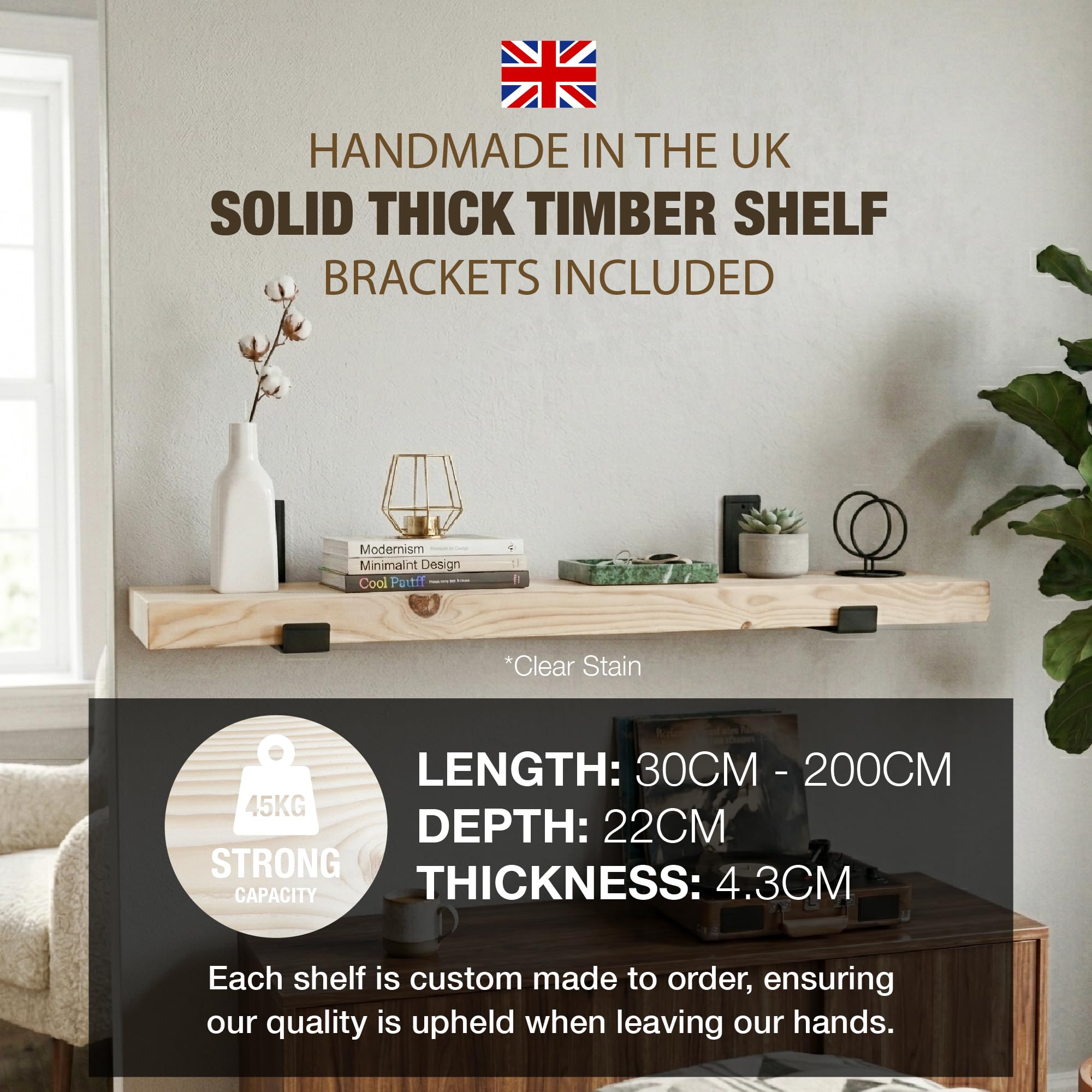 Top Notch Home & Living Handcrafted Rustic Wooden Wall Shelf, Incl 2 Up Brackets - Image 2