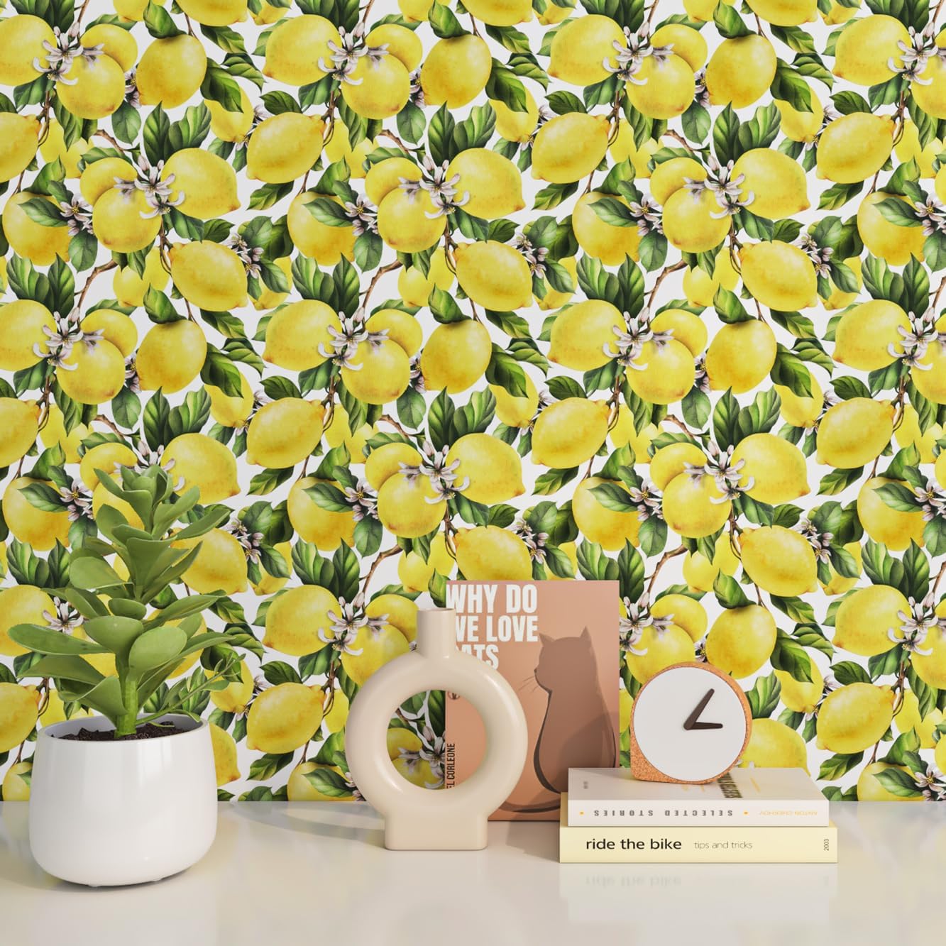 ReWallpaper 17.5inx23ft Lemon Peel and Stick Wallpaper for Kitchen Self Adhesive Green and Yellow Fruit Wallpaper Vintage Yellow Contact Paper for Cabinets Decor Kitchen Wall Paper Oil Proof Sticker
