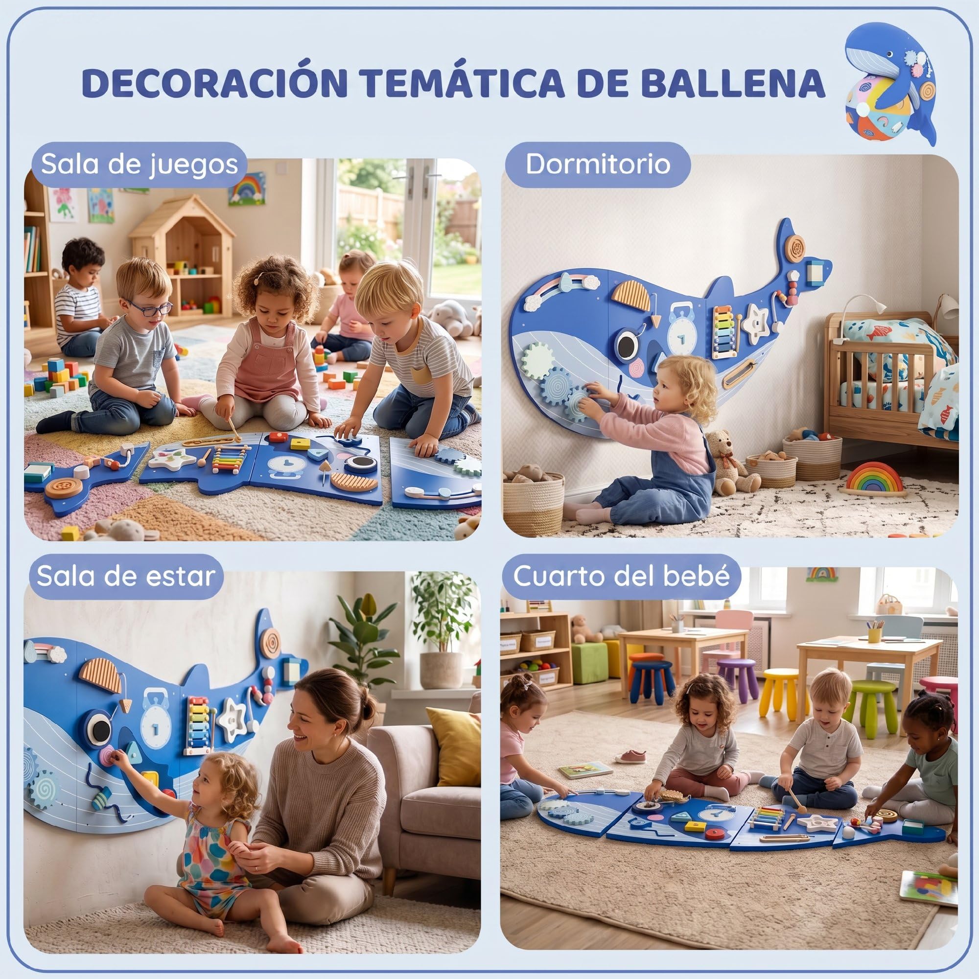AIYAPLAY Tablero Sensorial Montessori Tema Ballena 13 en 1 de Pared Azul | Busy Board, Panel Sensorial Montessori, Juguetes de Aprendizaje, para Niños y Niñas +2 Años