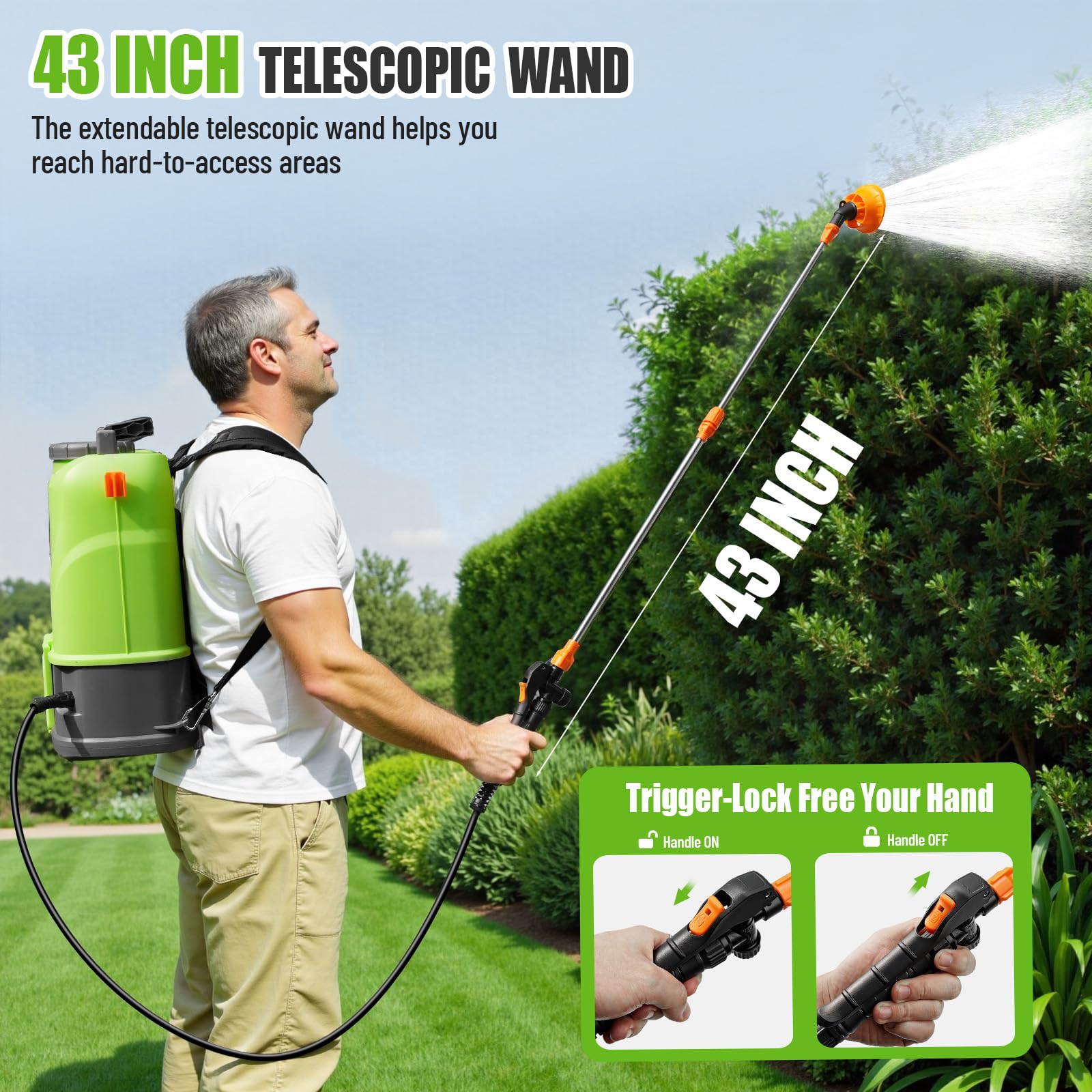 VAXMAY - Rociador eléctrico de jardín con batería de 4.2 galones, 120 PSI compatible con batería DeWalt de 20 V, rociador de zacate con 2 varitas, 5 boquillas, batería de 2.6 Ah y cargador incluido