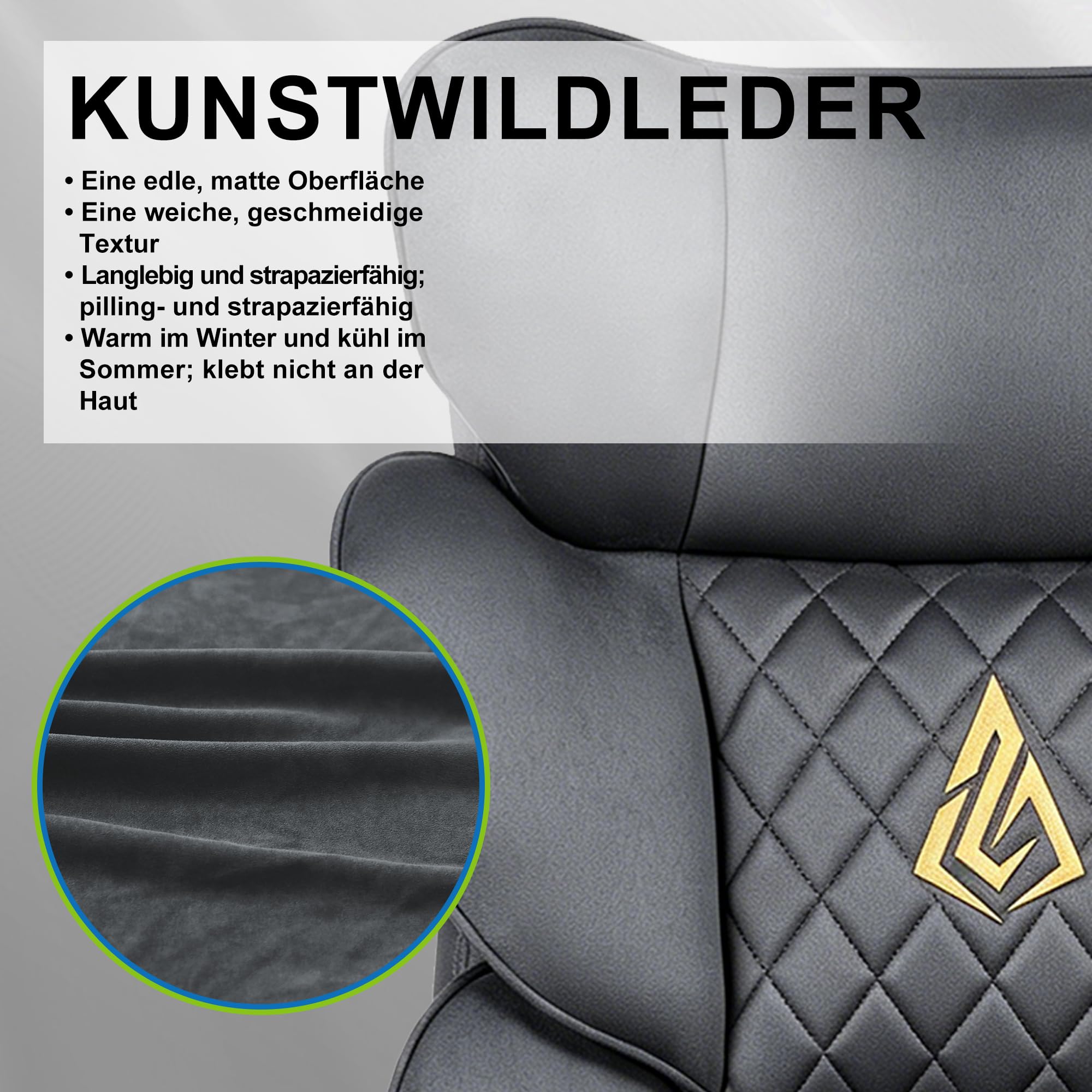 Andyou Gaming Stuhl mit Fußstütze–ergonomischer Bürostuhl, Rückenlehne 90–155°mit verbundenen Armlehnen, Suède-Bezug, Federsitzkissen, Schreibtischstuhl, belastbar bis 150 kg, grau