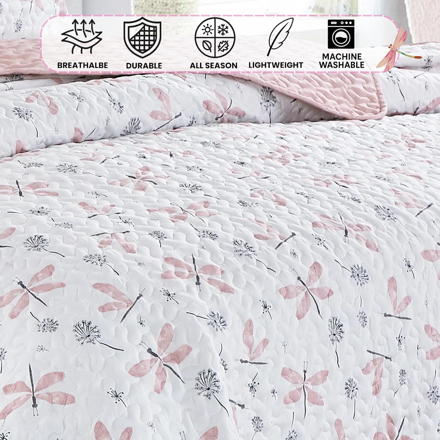 MarCielo 3 Pcs Kids Quilt Set Lightweight Bedspread with Pillow Shams, Pink Dragonfly Print Girls Bedding