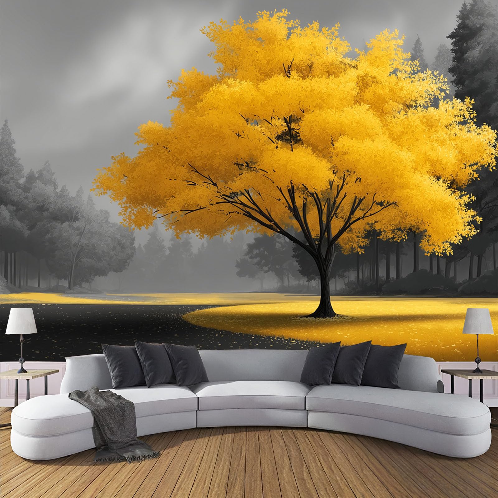Papier peint panoramique soie jaune pour masquer un mur terne et vide
