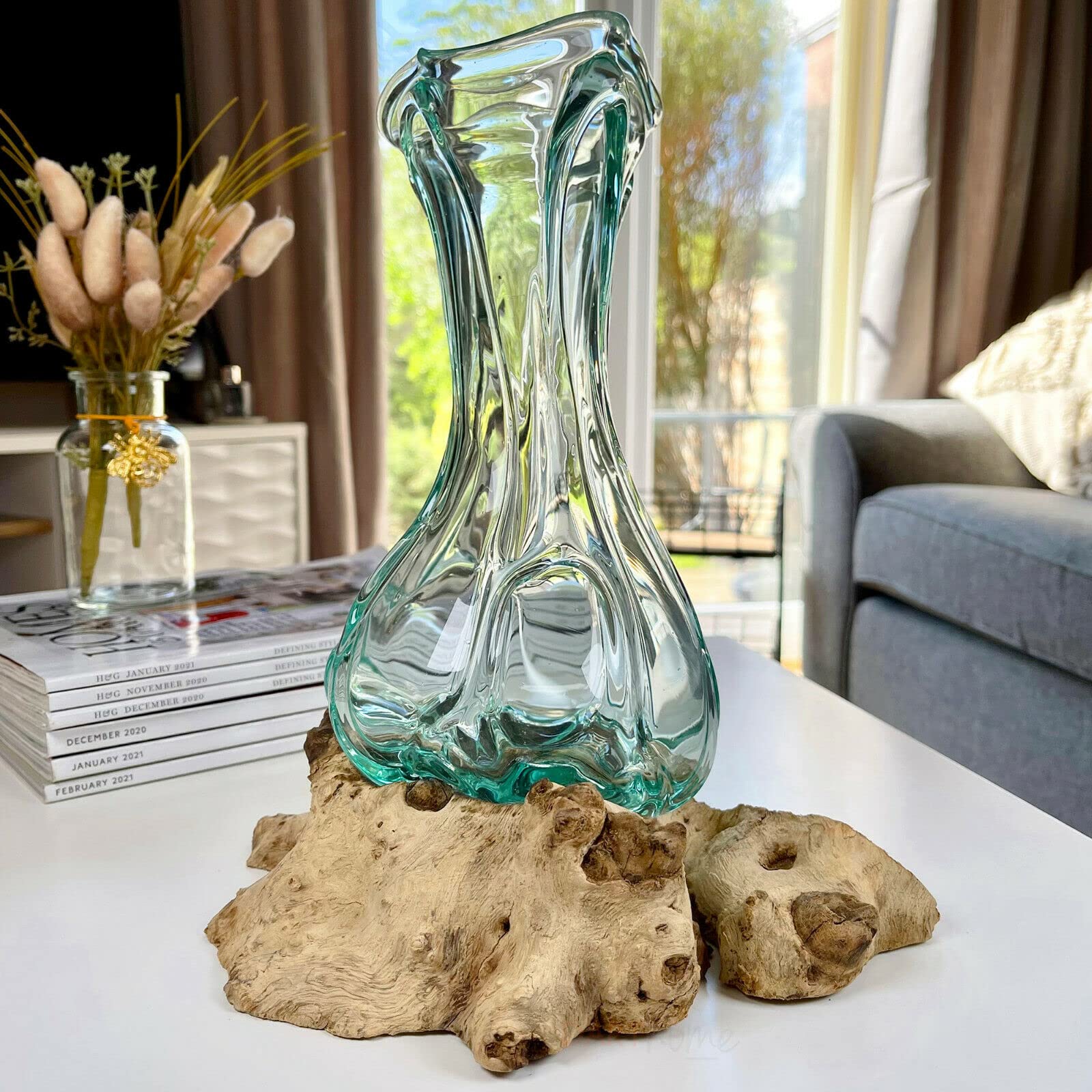 Darthome Brown 24Cm Crinkle Molten Glass Vase On Driftwood Stand Handmade Flower Holder Large