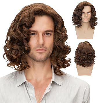 Mens 60s Culry Retro Halloween Costume Pelucas Realistic Fun Party Light Brown Wig