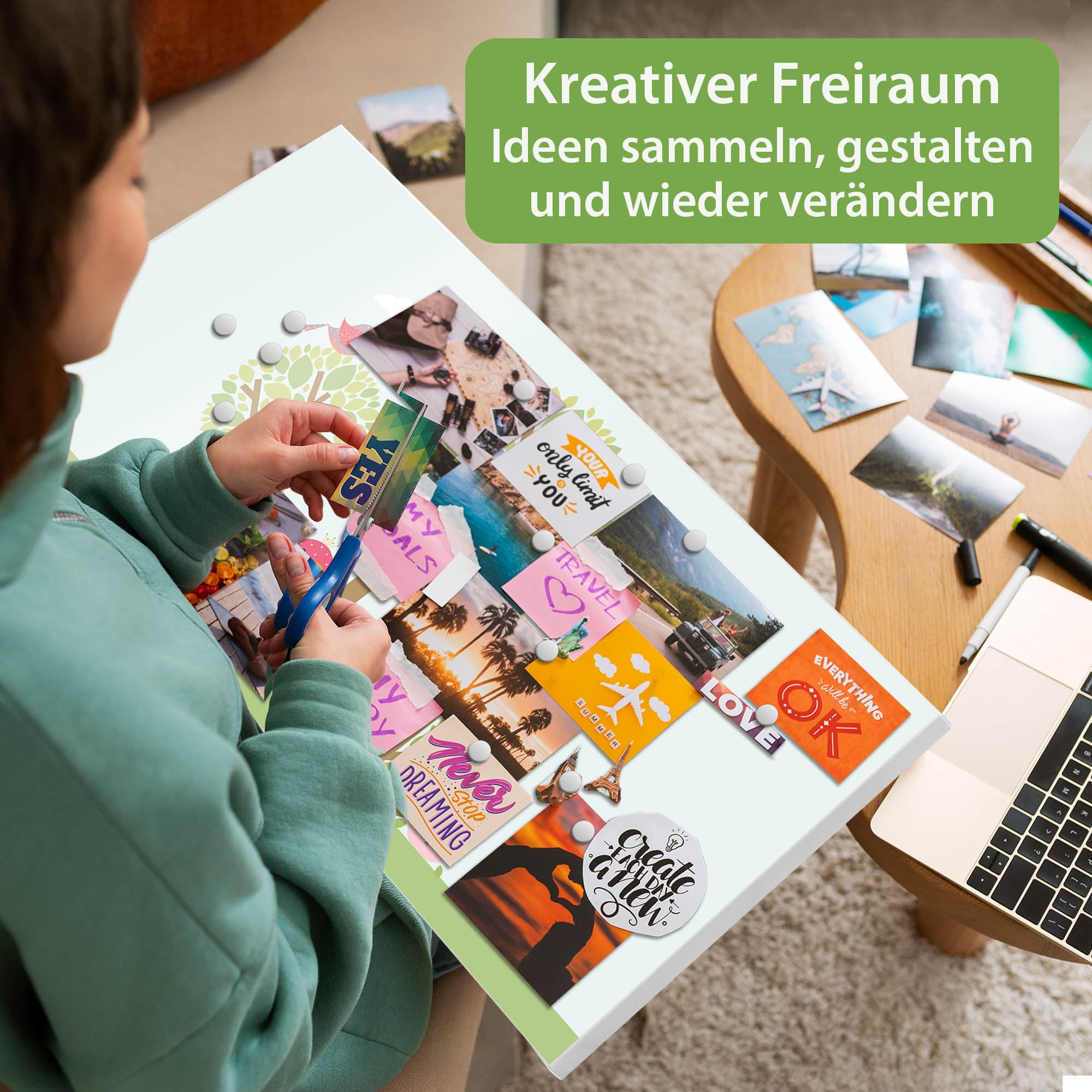 banjado Magnettafel Metall 78 x 37cm - beschreibbare Magnettafel - Metall Pinnwand als Memoboard - Magnetwand Küche, Büro, Kinderzimmer Weiß inkl. 4 Magnete & Montageset - Motiv Drei Bäume