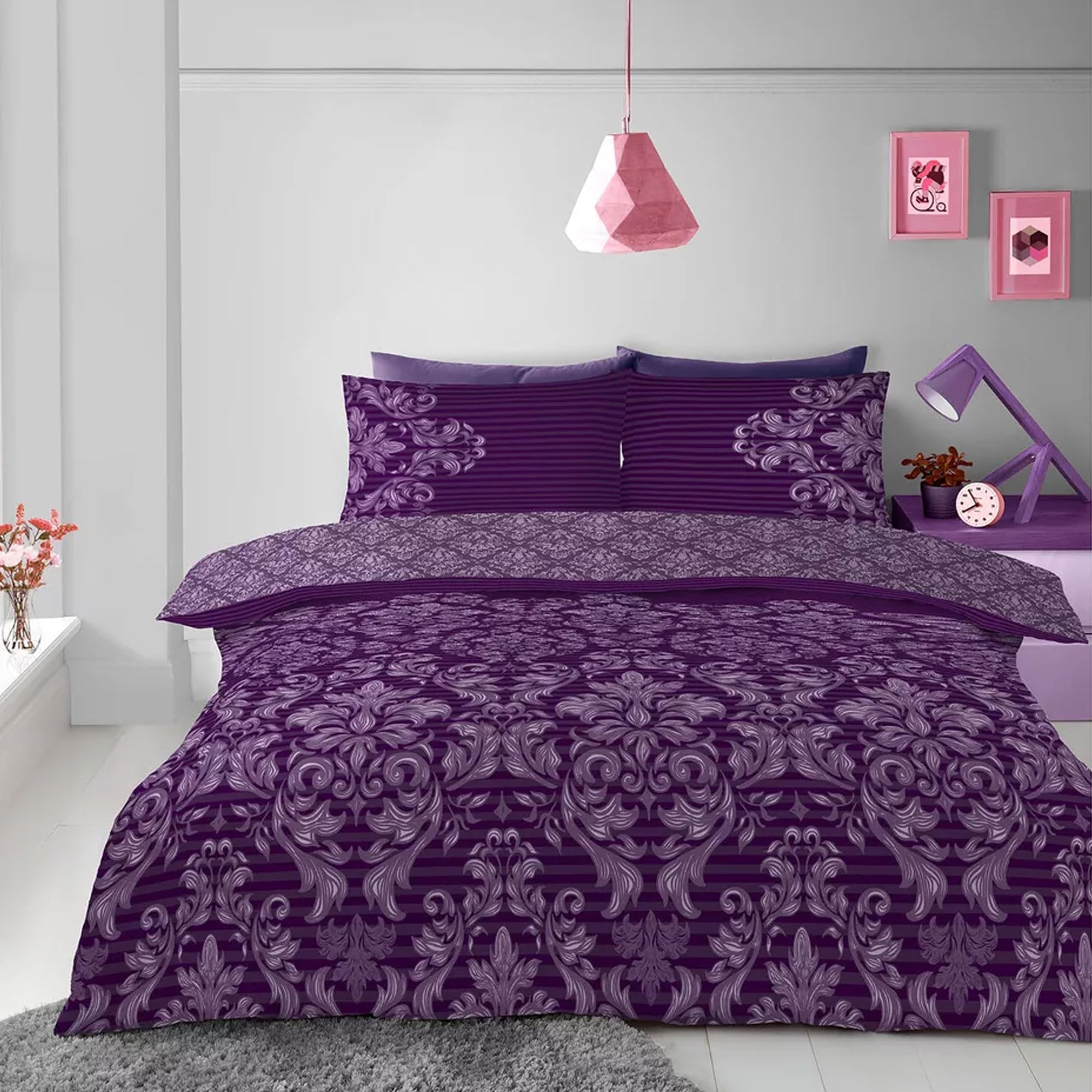 Lions Purple Damask Bedding - Double Duvet Covers Set With Matching Pillowcase, Poly Cotton Reversible Quilt Cover Bed Sets, Easy Care, 200X200cm