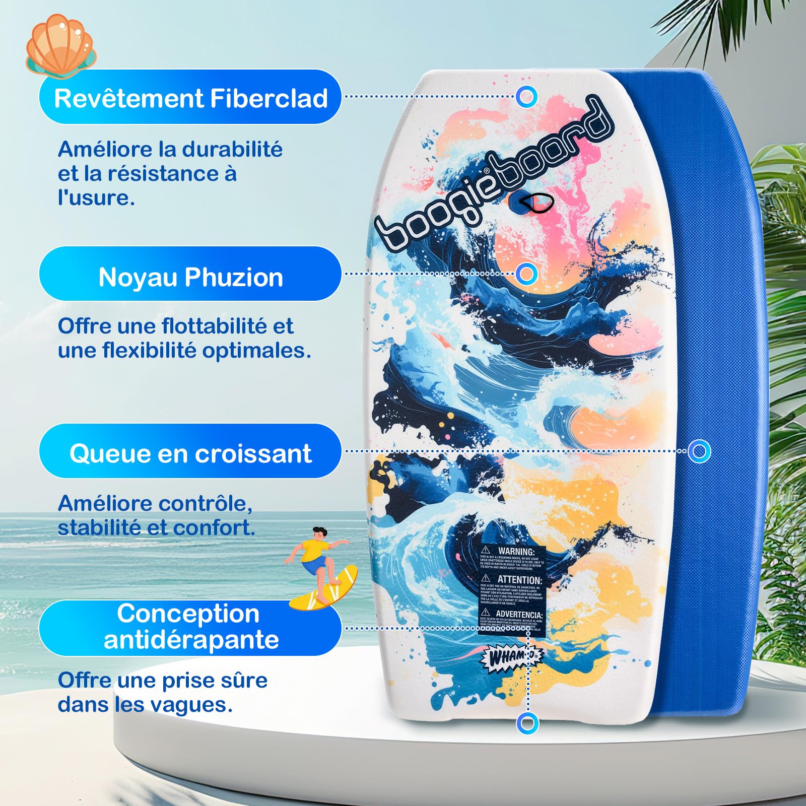 Wham-O Lot de 2 Planches de Boogie, Bodyboard avec Laisse de Poignet, Revêtement Fiberclad Noyau Phuzion, Tail Crescent pour Océan Enfants 5+ Adolescents Adultes - Courbe/Vague