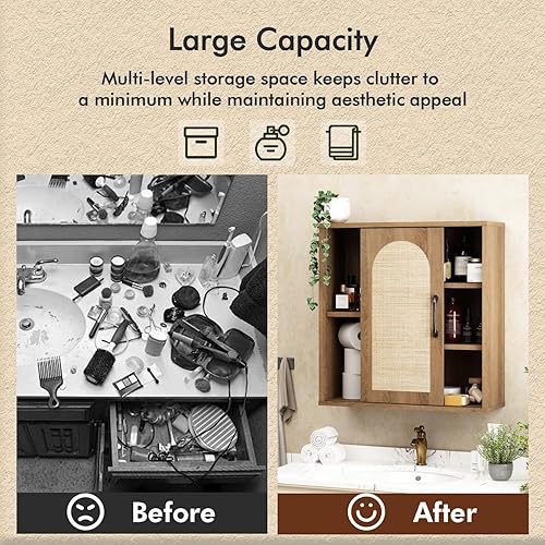 Miniatura 8 de RUSTOWN Armario de pared de ratán bohemio, gabinete de baño de mediados de siglo con puerta corredera, estantes ajustables, armario de