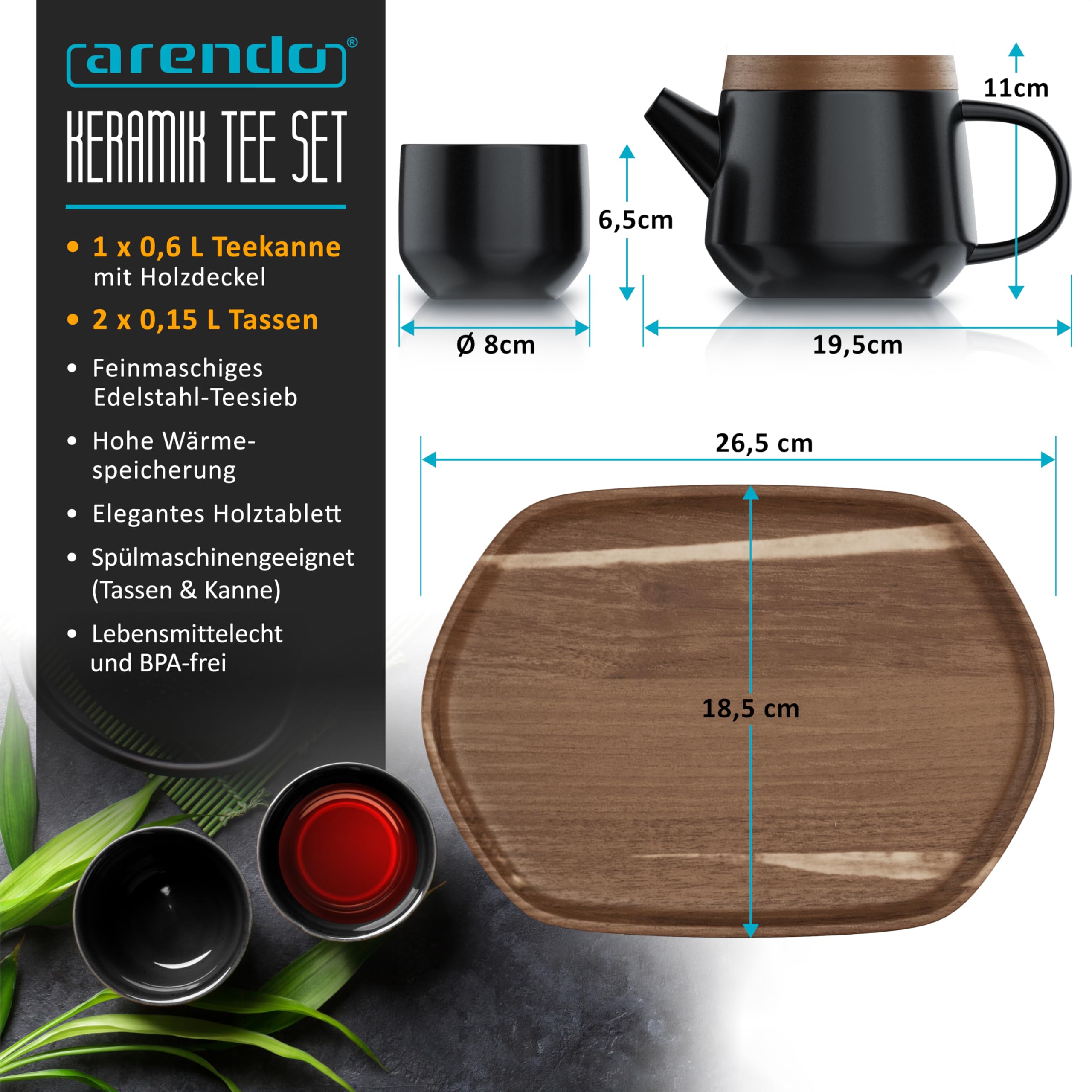 Arendo - Teeservice Set, Keramik Teekannen Set, Teekanne Porzellan, Japanische Teekanne mit Teesieb 0,6 Liter, Teekanne mit Deckel Untersetzer 2 Tassen und Tablett