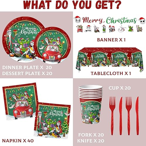 Miniatura 6 de Decoraciones de fiesta de Navidad Nightmare - 142 platos y servilletas de Feliz Navidad, platos de pesadilla de árbol de Navidad rojo y verde,