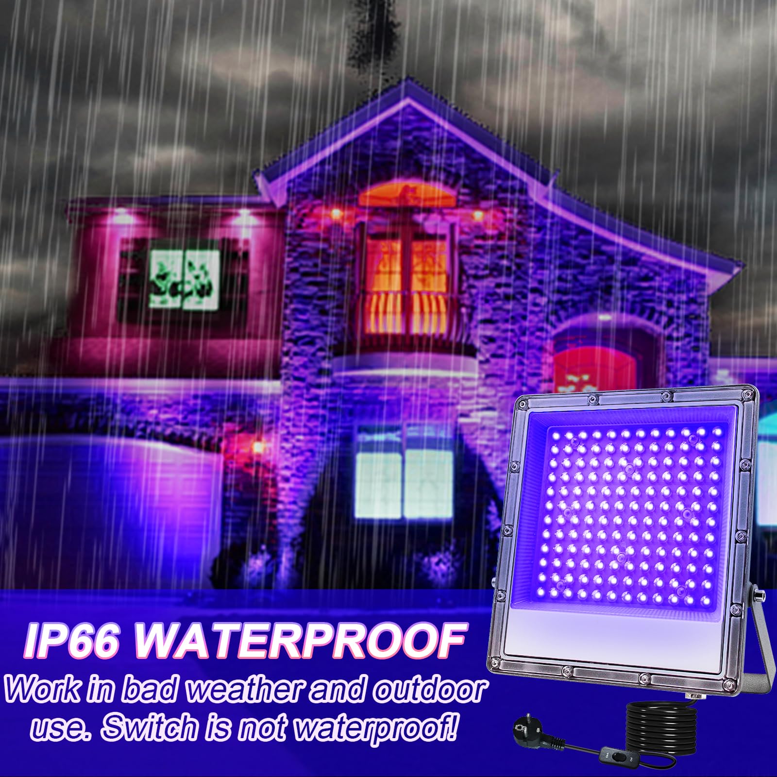 BOSITE Zwartlicht Schijnwerper, 100W Zwartlicht, LED Zwartlichtlamp met Stekker, 395-405nm, IP65 Waterdicht UV Schijnwerper BOSITE Zwartlicht Schijnwerper, 100W Zwartlicht, LED Zwartlichtlamp met Stekker, 395-405nm, IP65 Waterdicht UV Schijnwerper