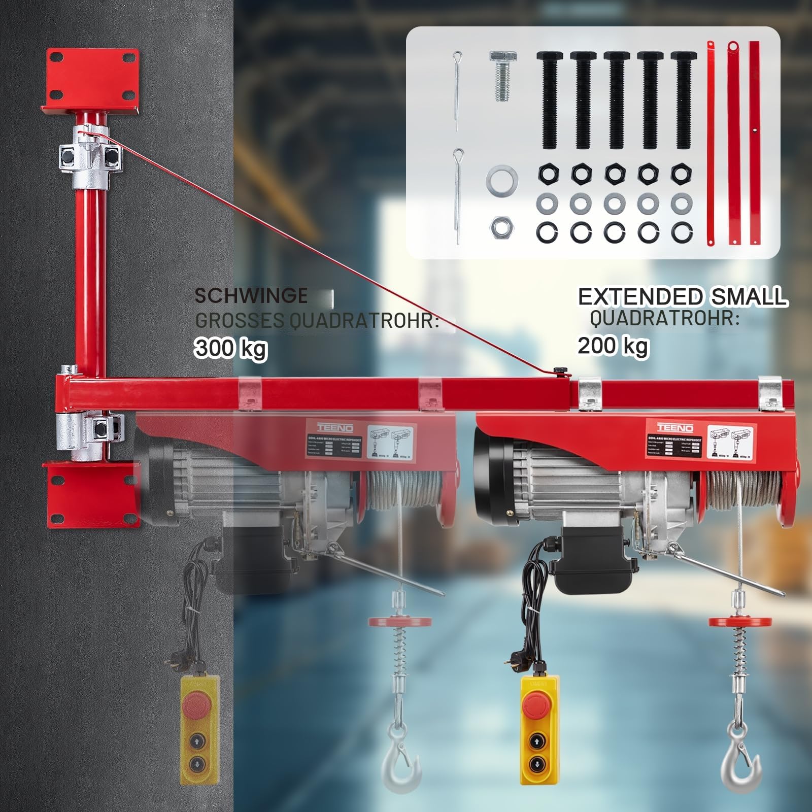 TEENO Elektrischer Hebezeug-Stützarm 200-600 kg Tragkraft Schwenkarm Stahl 180° schwenkbar für Werkstatt Garage