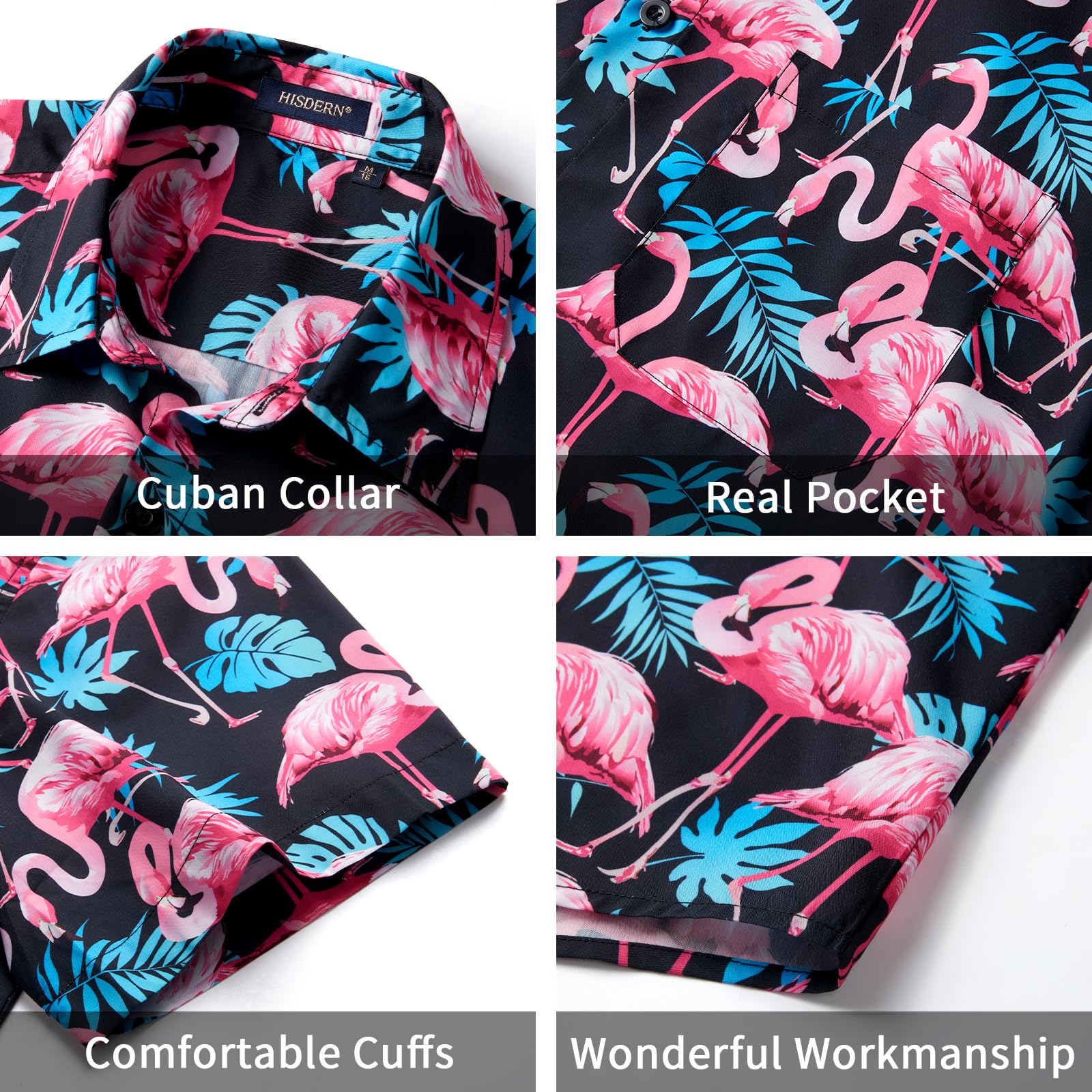 HISDERN Męskie funky hawajskie koszule z krótkim rękawem przednia kieszeń wakacje lato aloha nadruk plaża casual hawajska koszula S-2XL