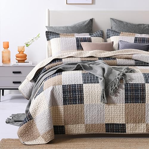 Miniatura 9 de Finlonte Colcha tamaño Queen 100 algodón ligera juego de edredón de retazos a cuadros azul rojo y blanco suave reversible para cama para todas las