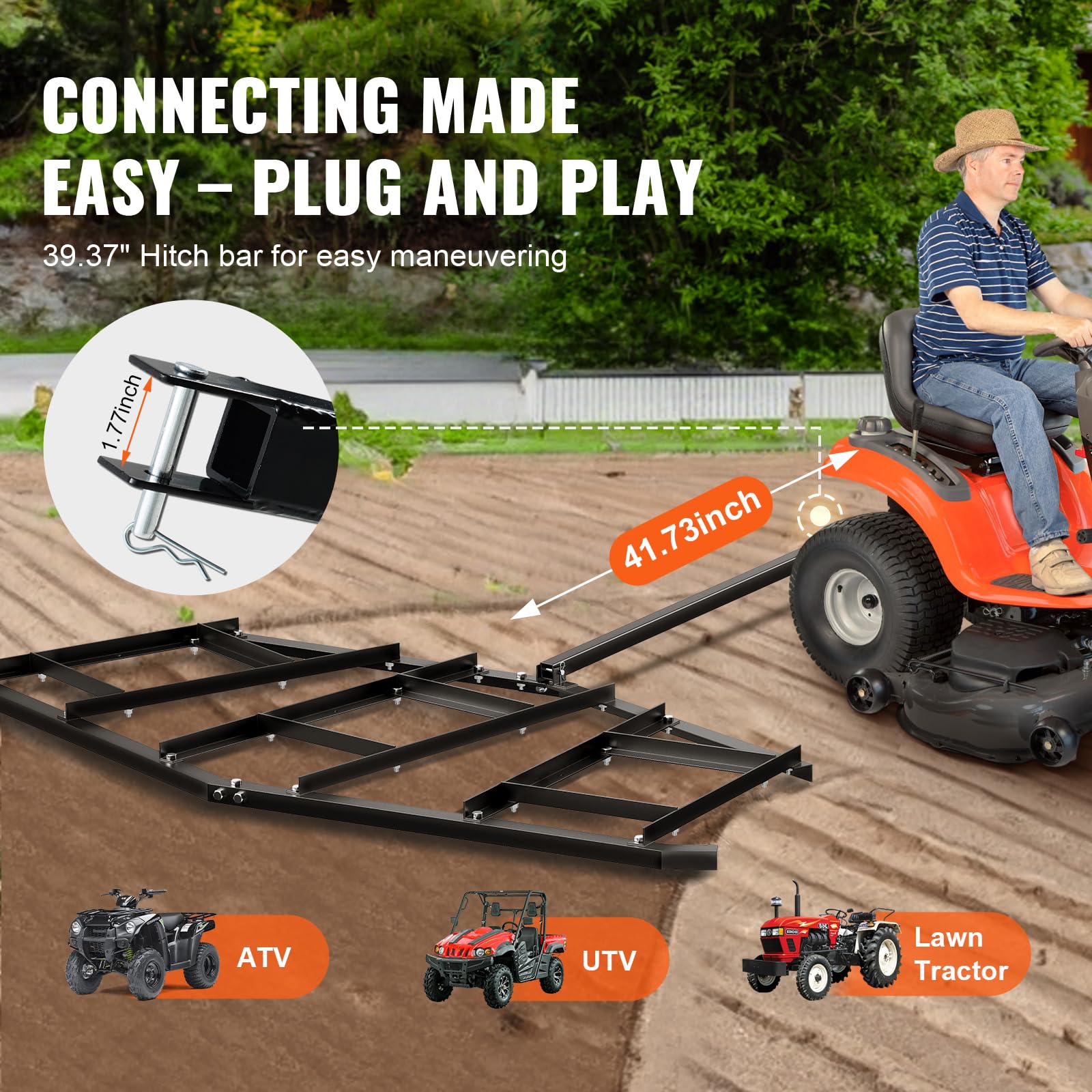 VEVOR Herse Traînée Niveleur d'Allée 2200 mm Niveleuse de Terre Agricole en Acier Q235 avec Barre Réglable Capacité de Charge 22,5 kg Outil de Nivellement pour VTT, UTV, Tracteur de Pelouse de Jardin