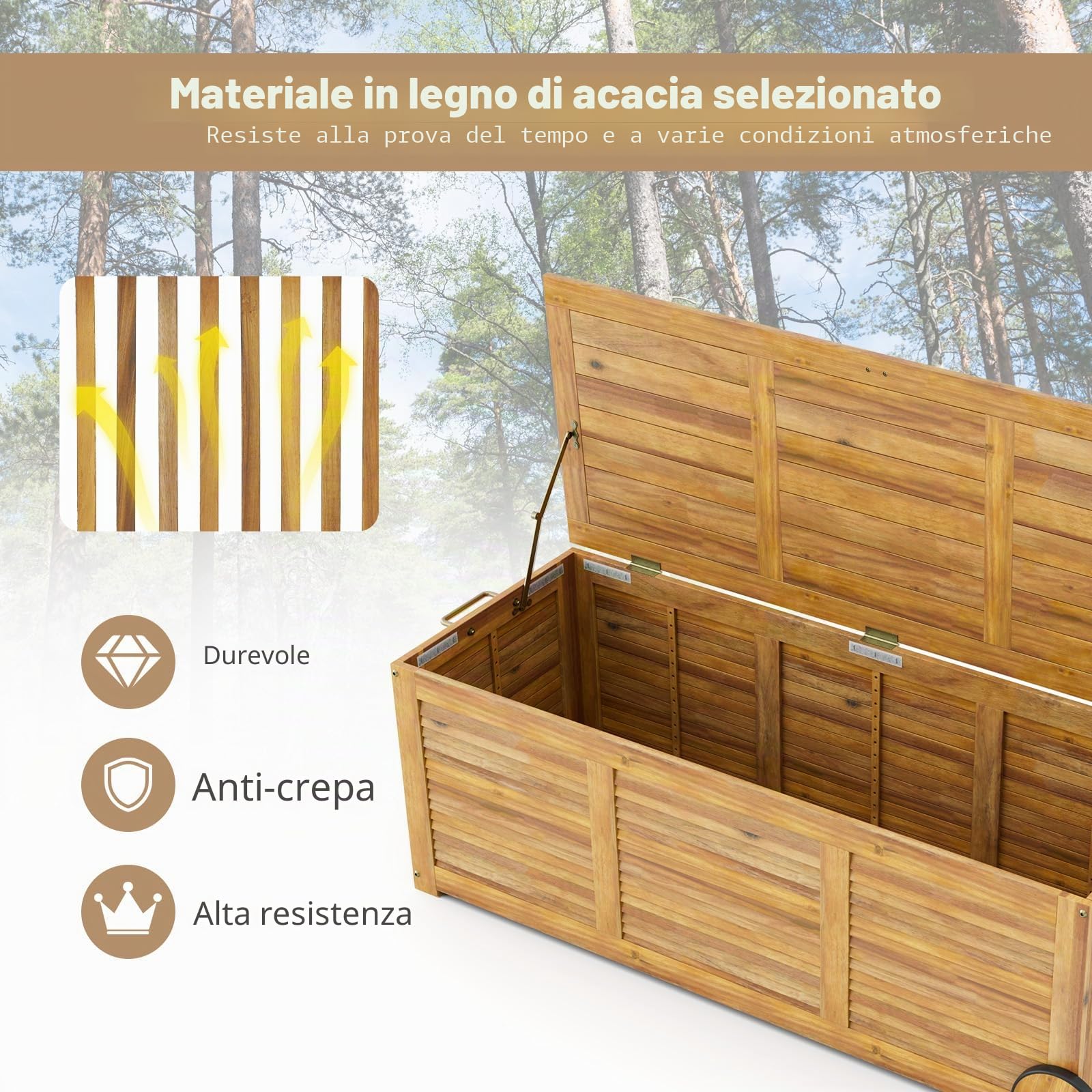 HOMASIS Cassapanca Da Giardino 182L Con Ruote In Legno Di Acacia, Scatola Per Cuscini Con Tasca Interna Impermeabile, Scatola Per Giardino Con Maniglia, Cassapanca Resistente