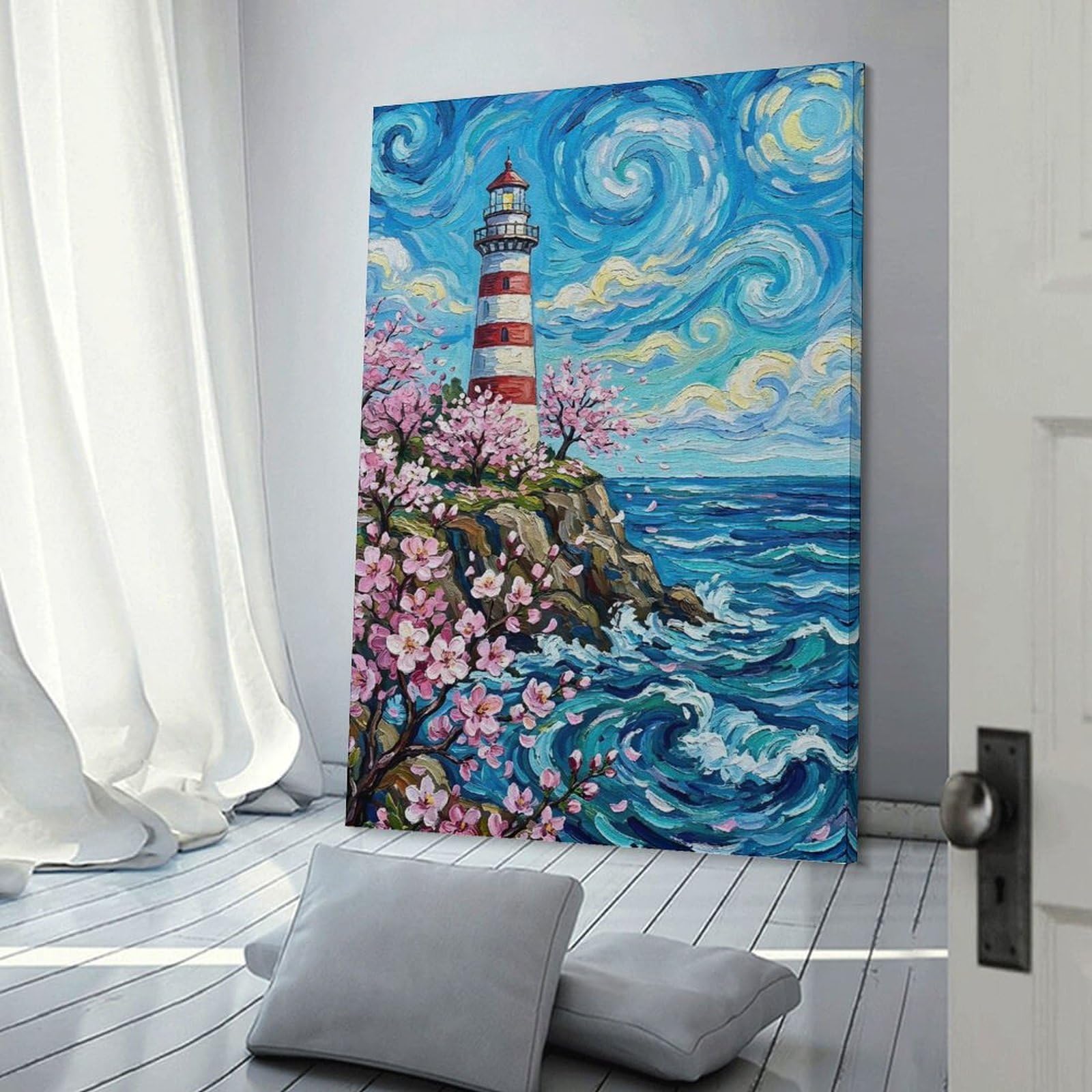 Junmoney Lighthouse with Cherry Blossoms Wall Picture Print 20x30inch(50x75cm), for Lounge Decor, Offices Or Entryway Styling, A Flexible Wall Accent for Shared Spaces