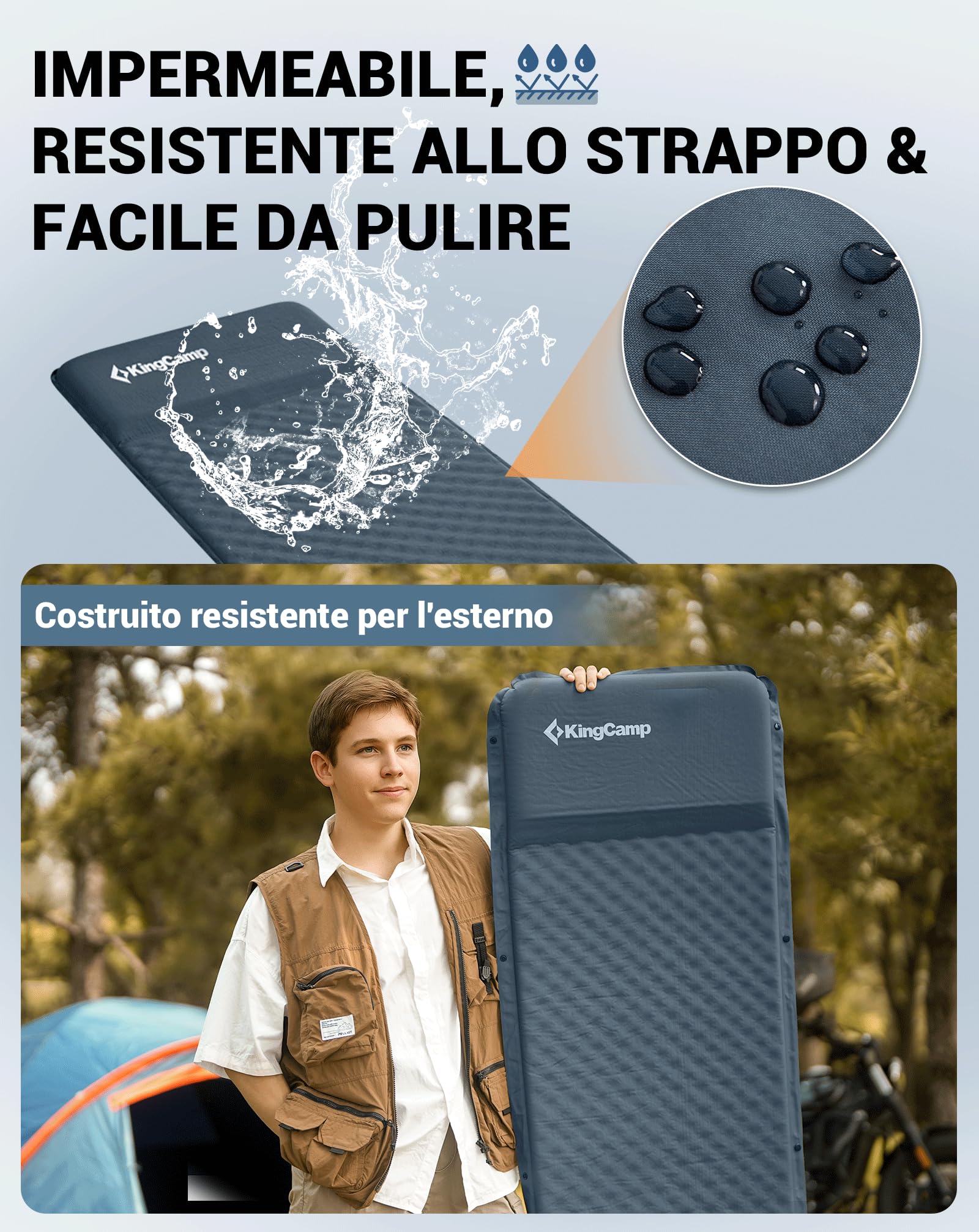 KingCamp Materassino Autogonfiabile Campeggio, Cuscino Integrato, 3cm | Ultraleggero, Compatto, Comodo, Collegabile, Impermeabile, Antistrappo, per Campeggio, Trekking, Viaggi, Tenda