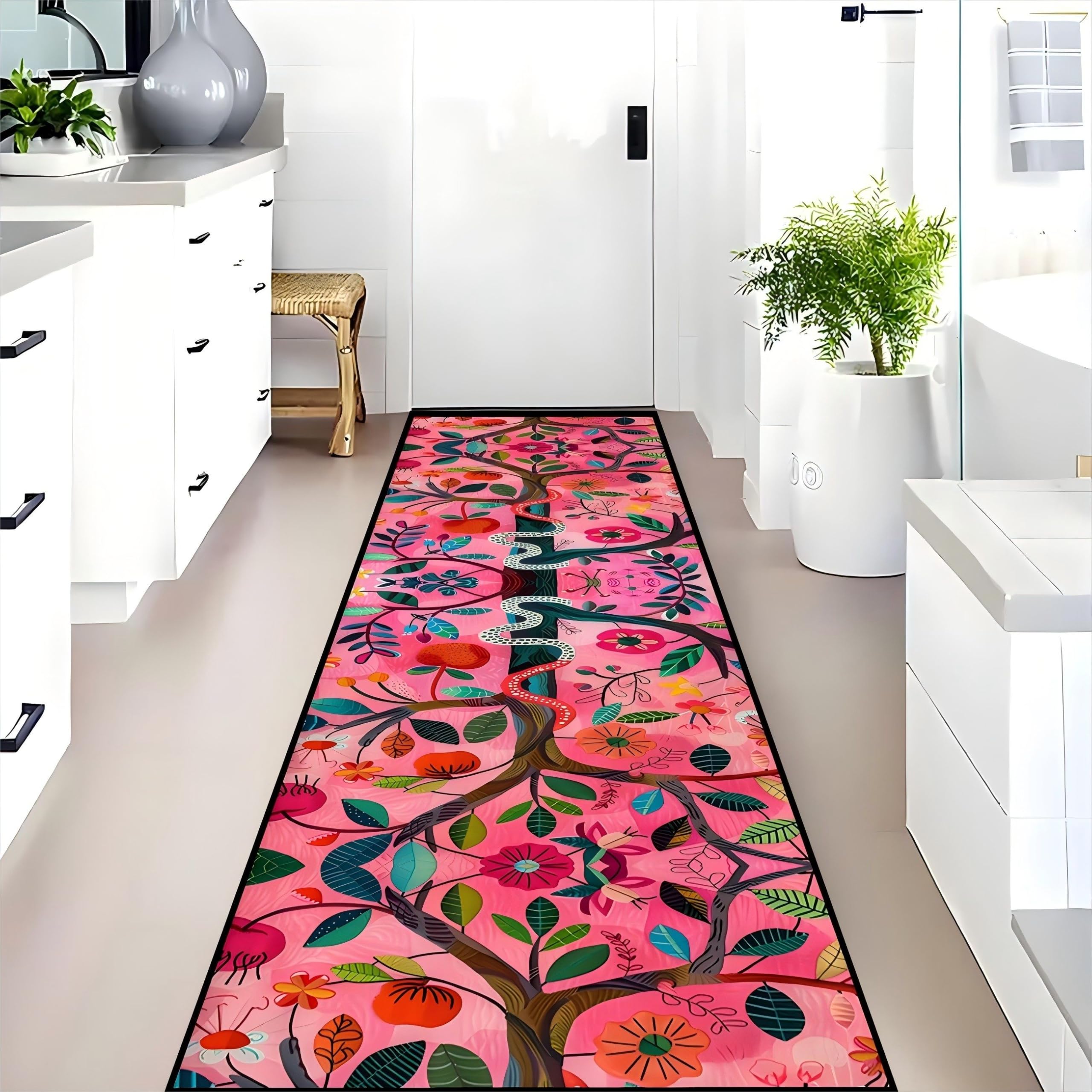 Snake Runner Rug, 60x200cm Rustic Forest Tree White and Red Snake Wildlife Print Hallway Rug, Plant Leaf Floral Pink Indoor Entrance Carpet, Soft and Washable Runner Rugs for Living Room Bedroom
