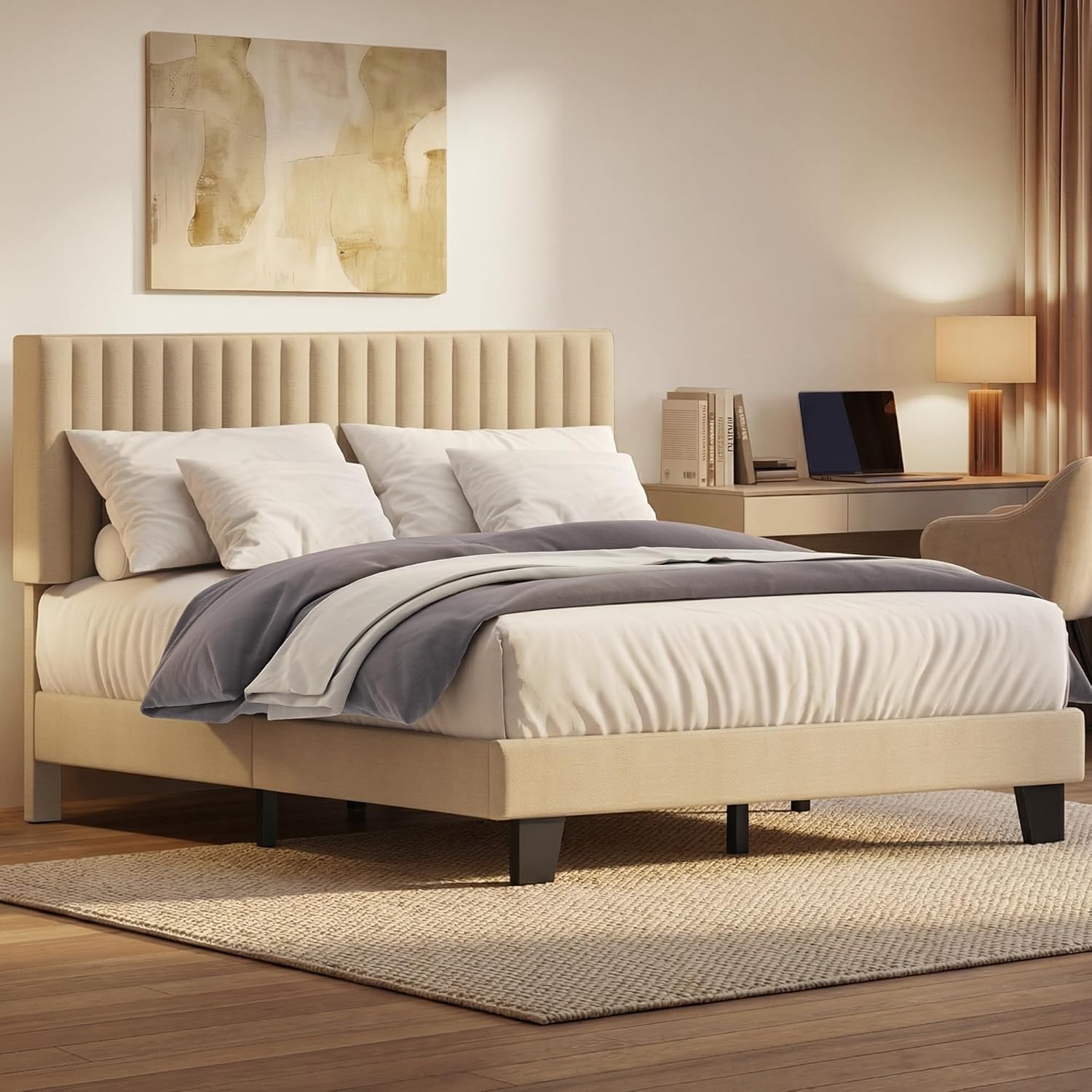 Feonase Queen Size Bed Frame Wood Slats Support Bedframe Sturdy Bedframe with headboard Storage Space Under Bed Easy Assembly Beige Linen