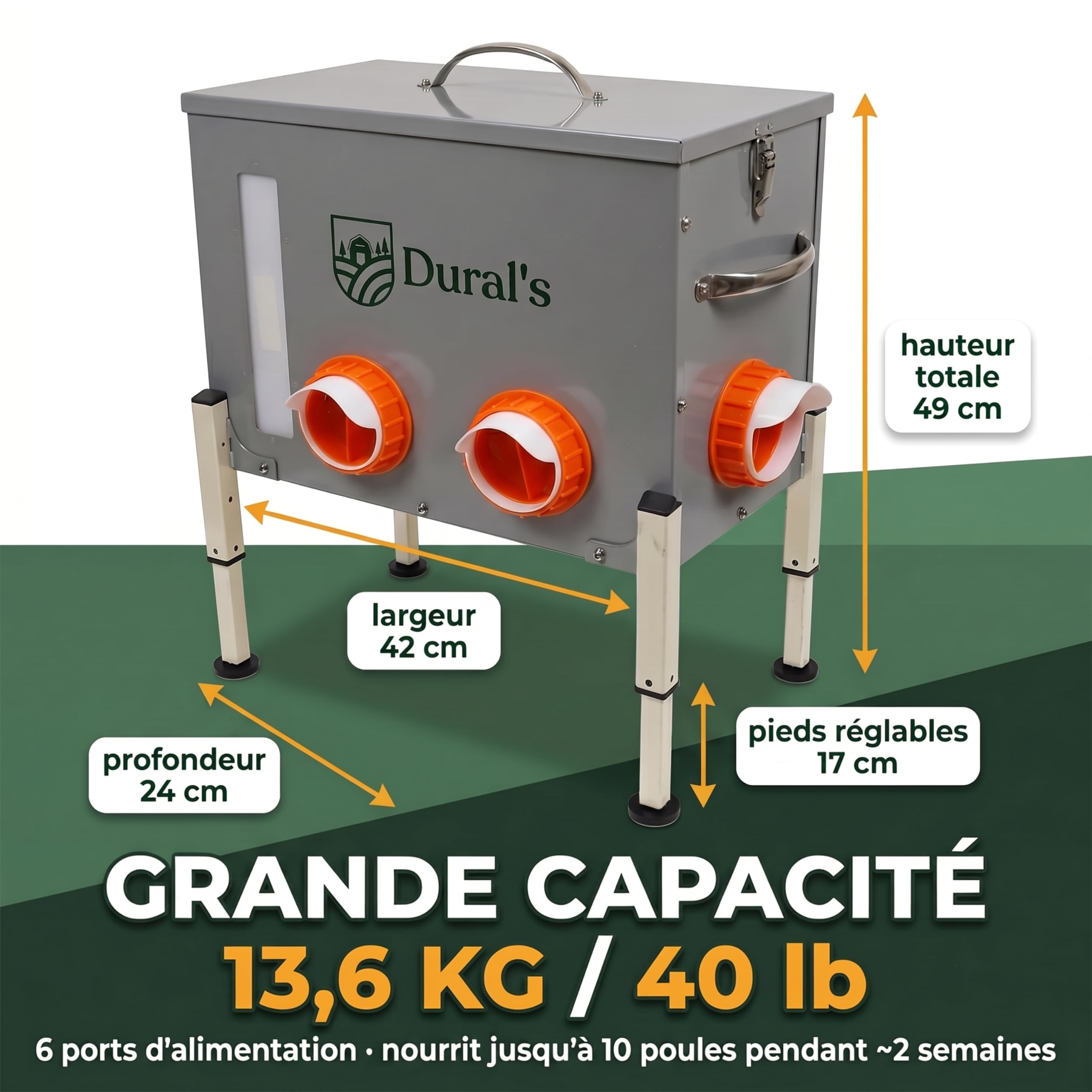 Dural's® Comedero Gallinas Anti Ratas Antipájaros 18 kg – Dispensador Automático de Pienso en Acero Galvanizado, 6 Puertos y Ventana de Nivel – Comedero para Gallinas Exterior Gallinero