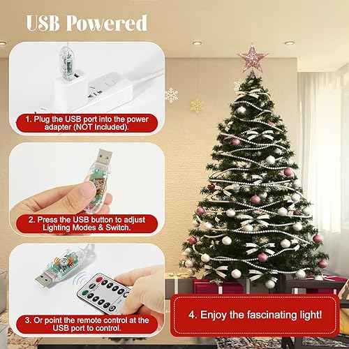 Miniatura 48 de Lewondr Decoración para árbol de Navidad, control remoto alimentado por USB, temporizador de 6 horas, estrella de árbol controlada con luces y Plata