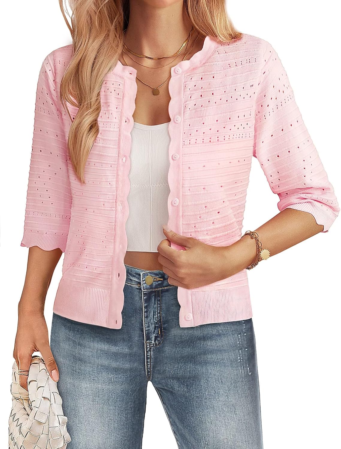 GRACE KARIN Womens 3/4 Sleeve Cardigan Sweater, Lightweight Cropped Cardigan Trendy, Dressy Casual Crochet Bolero Shrugs