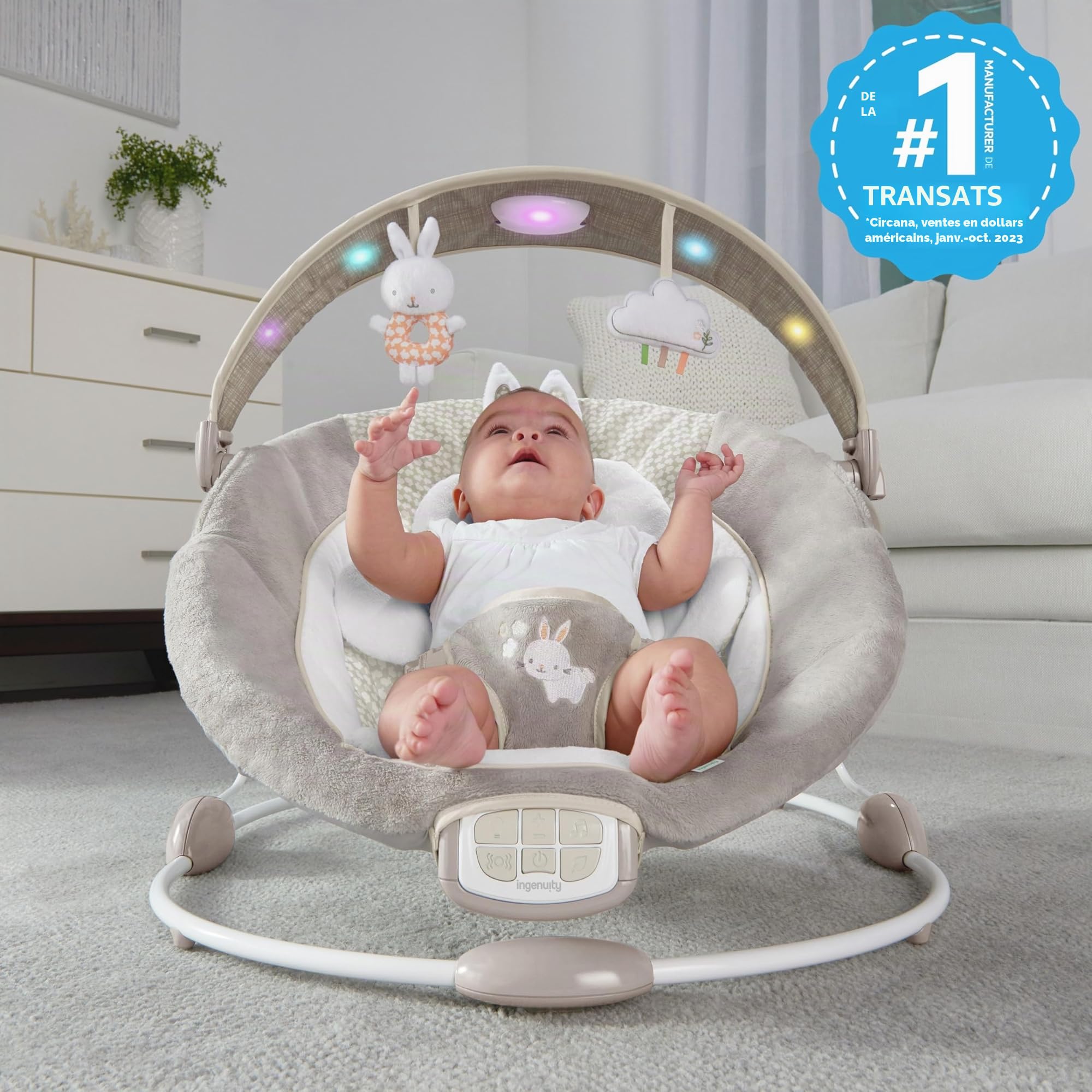 Ingenuity, Transat et Siège Sauteur - Twinkle Tails, 7 Mélodies et Vibrations Apaisantes, Arche de Lumière et Jeu Amovible, 2 Jouets D’activités, Ultra-Doux, Dès la Naissance à 9 kg