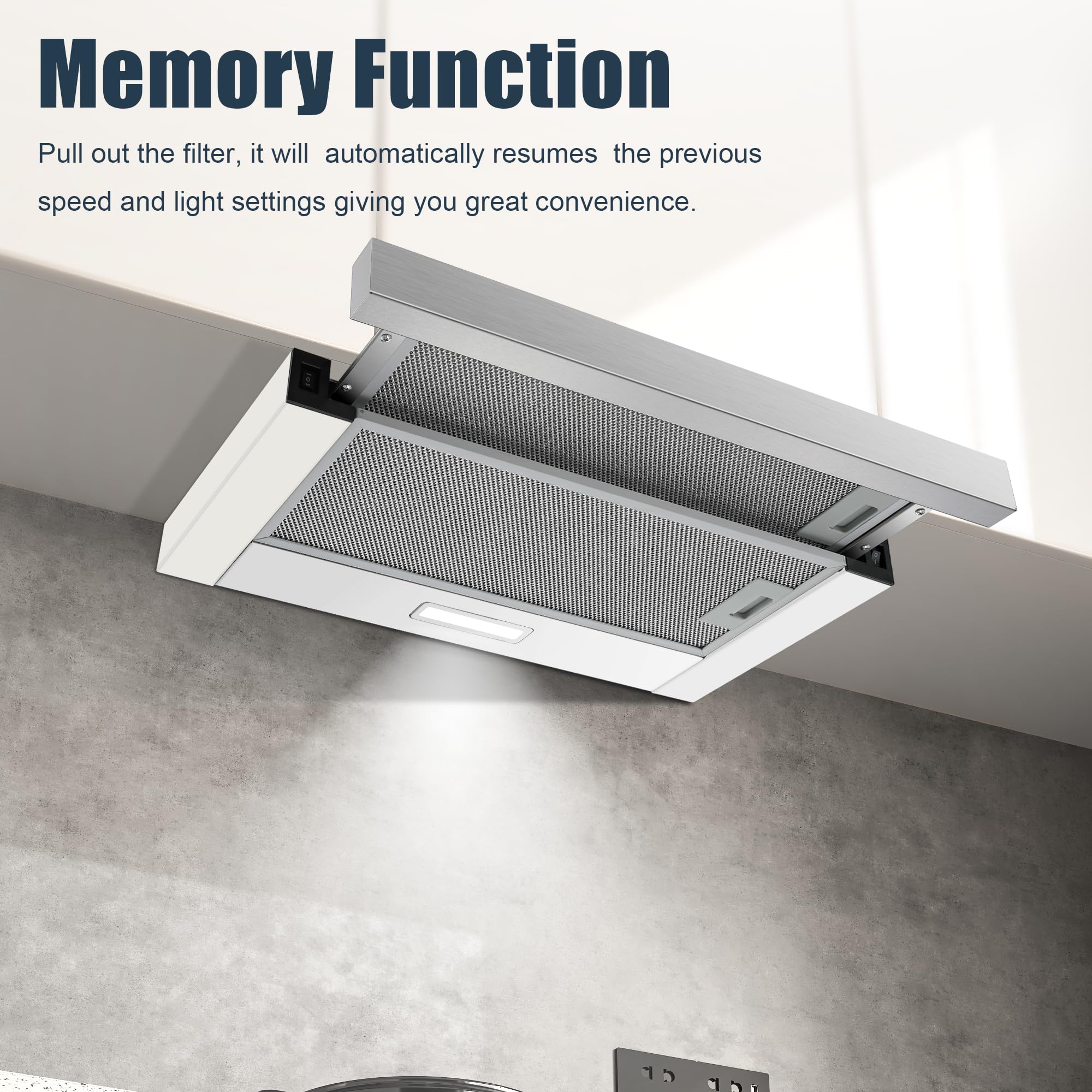Campana Extractora 60 cm Telescópica, 400 m³/h Flujo de Aire, Superficie de Acero Inoxidable, Iluminación LED, Interruptor Basculante, Campanas Extractoras Silenciosas para Cocina