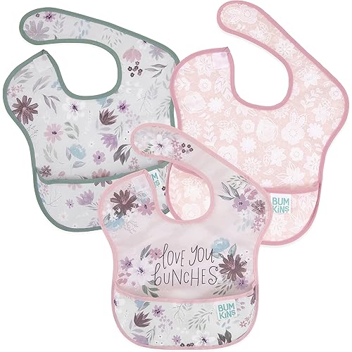 Bumkins SuperBib, Baby Bib, Waterproof, Washable Fabric, Fits Babies and Toddlers 6-24 Months - Love You Bunches (3-Pack)